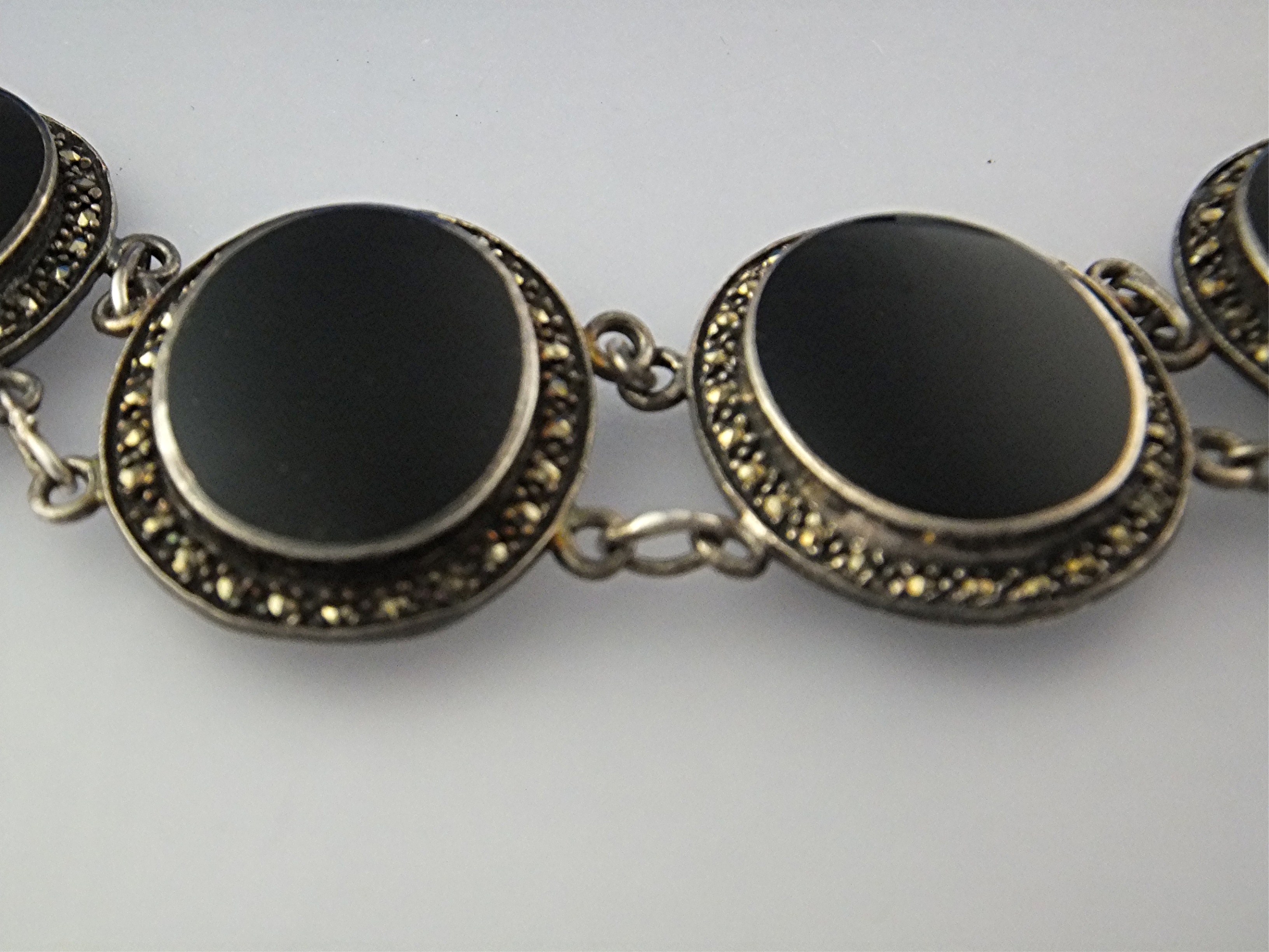 Bracelet Sterling Silver Onyx Marquisite Antique