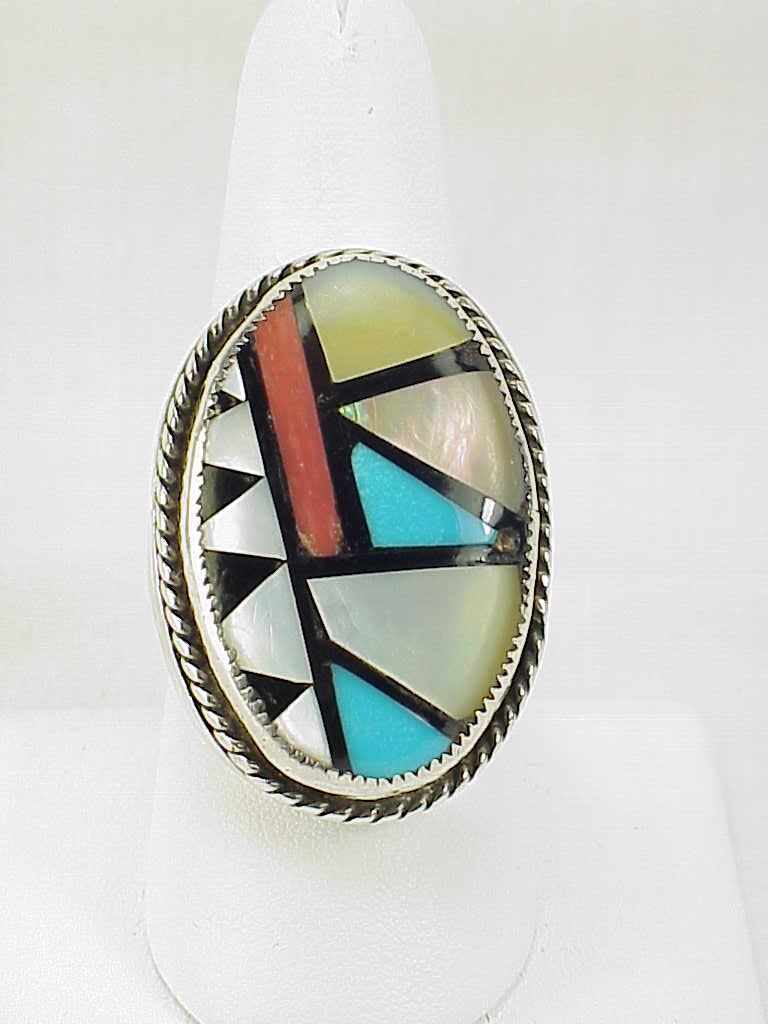 Native American Zuni Mens Sterling Silver Inlaid Turquoise Coral Ring