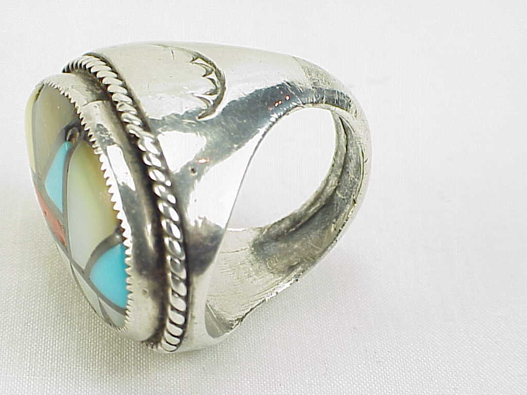 Native American Zuni Mens Sterling Silver Inlaid Turquoise Coral Ring