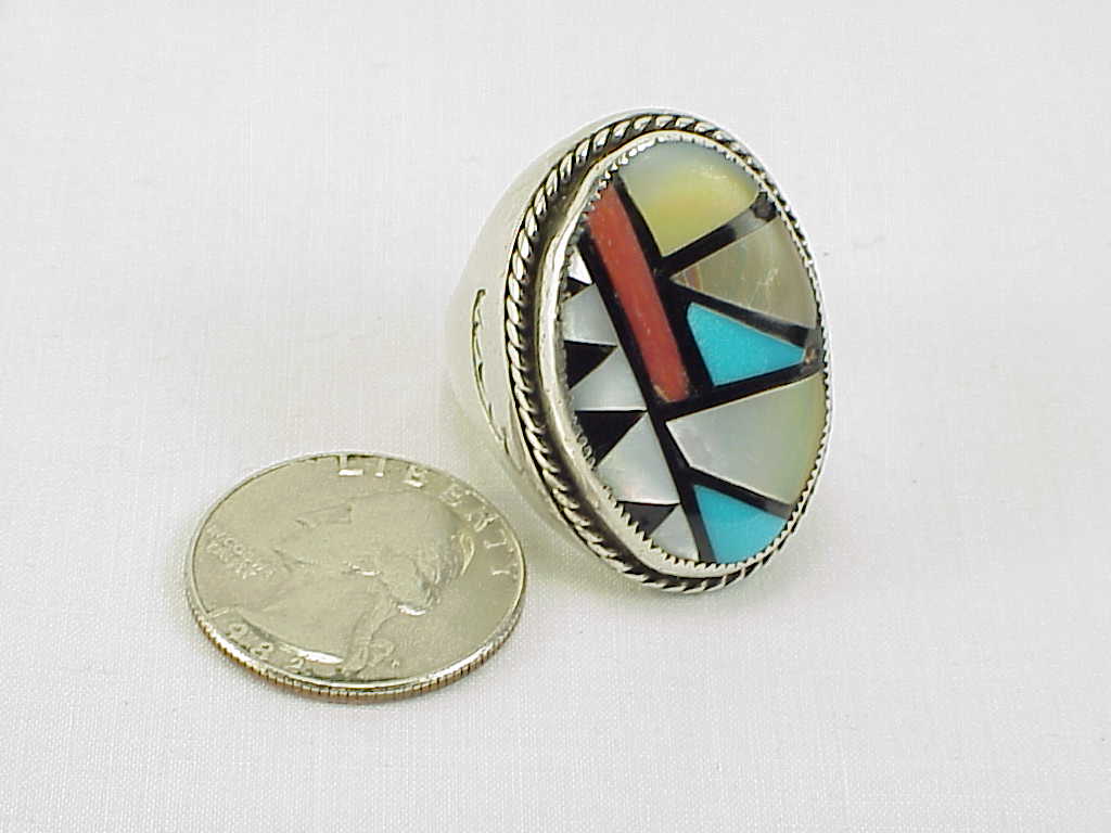 Native American Zuni Mens Sterling Silver Inlaid Turquoise Coral Ring