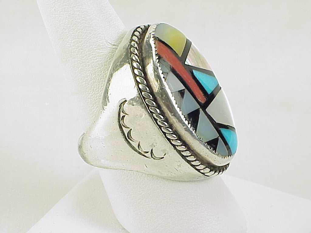 Native American Zuni Mens Sterling Silver Inlaid Turquoise Coral Ring