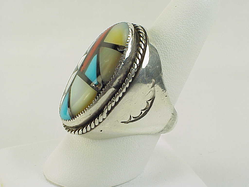 Native American Zuni Mens Sterling Silver Inlaid Turquoise Coral Ring