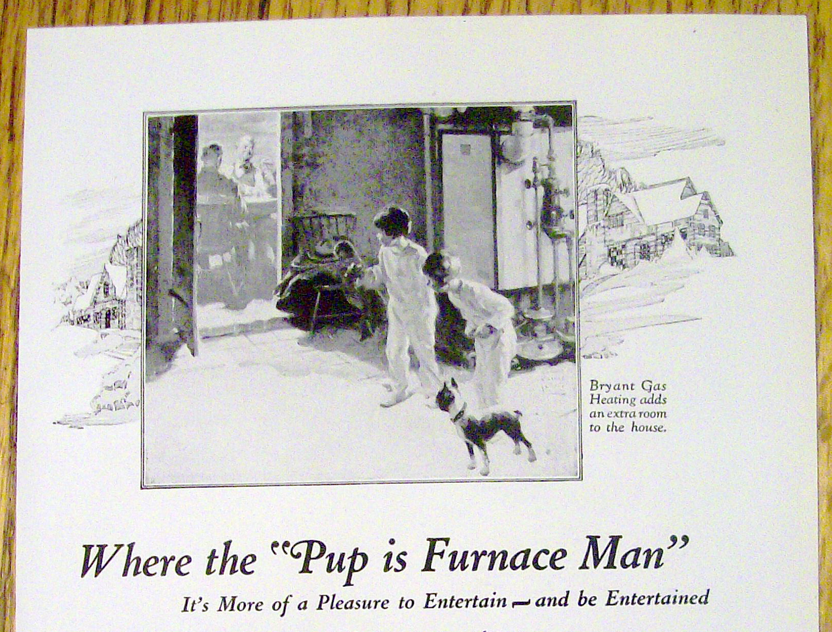 1928 Ad: Bryant Gas Heating w/ Two Children & Furnace