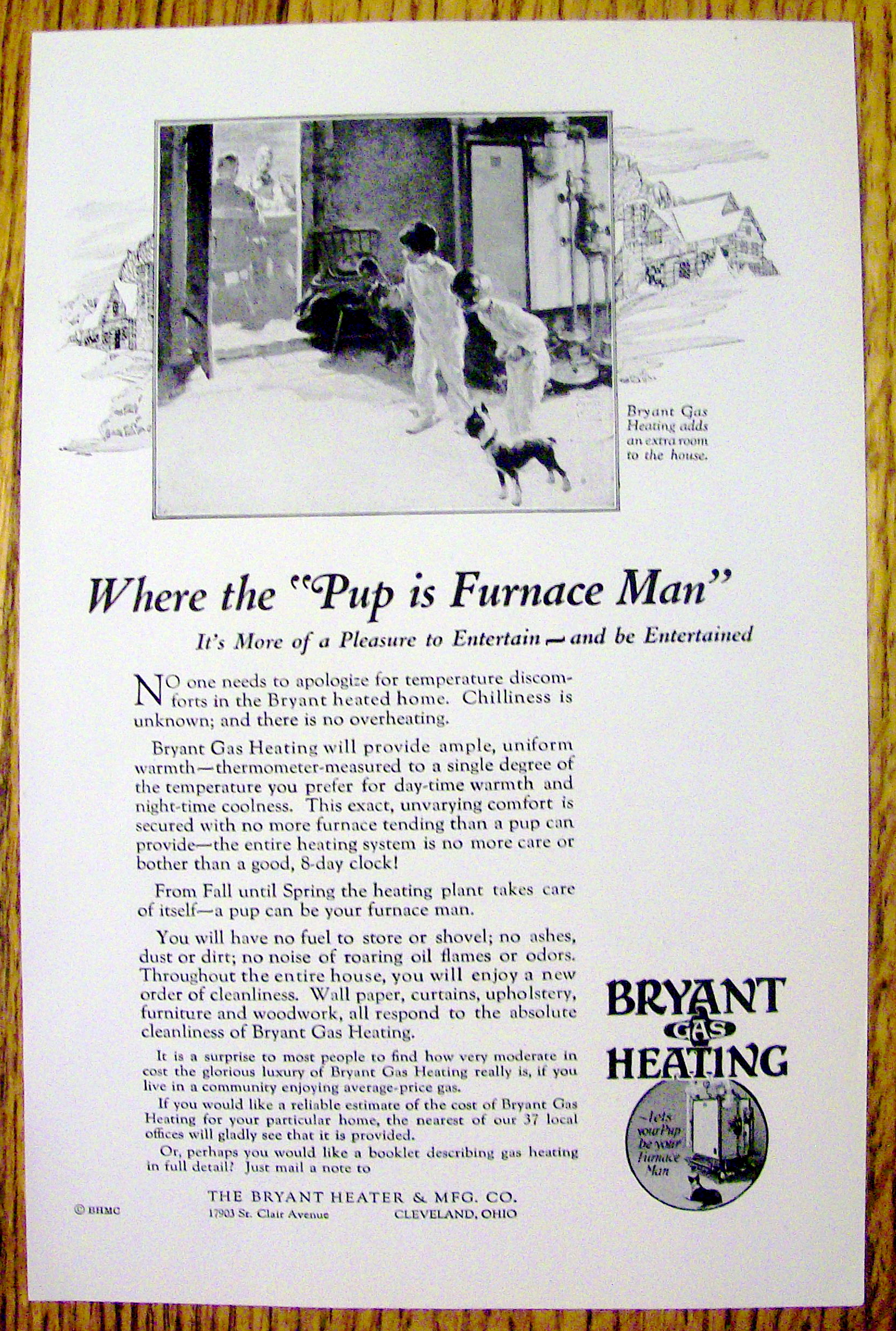 1928 Ad: Bryant Gas Heating w/ Two Children & Furnace