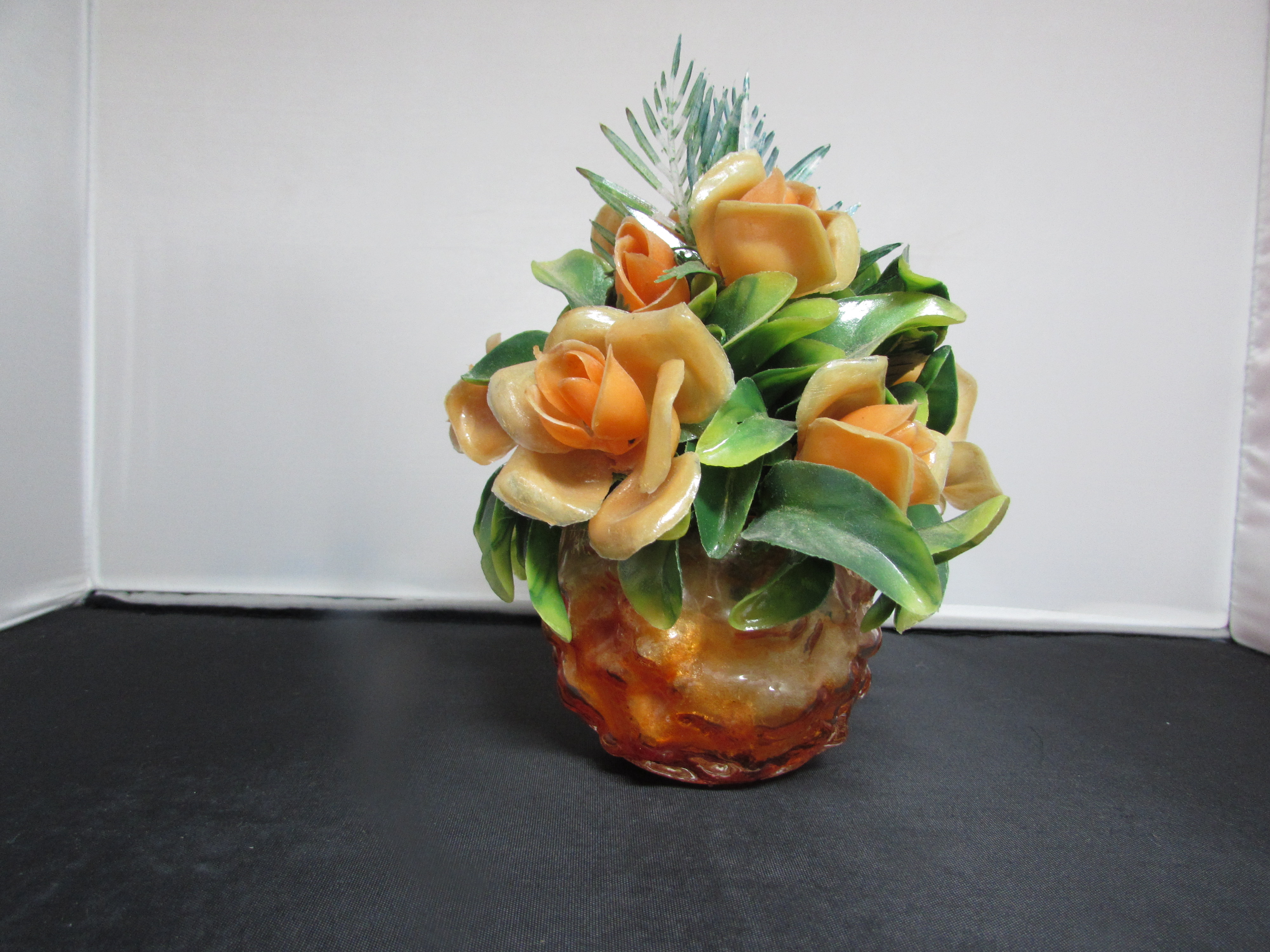 Plastic Orange Roses in Orange Goofus Glass Style Vase