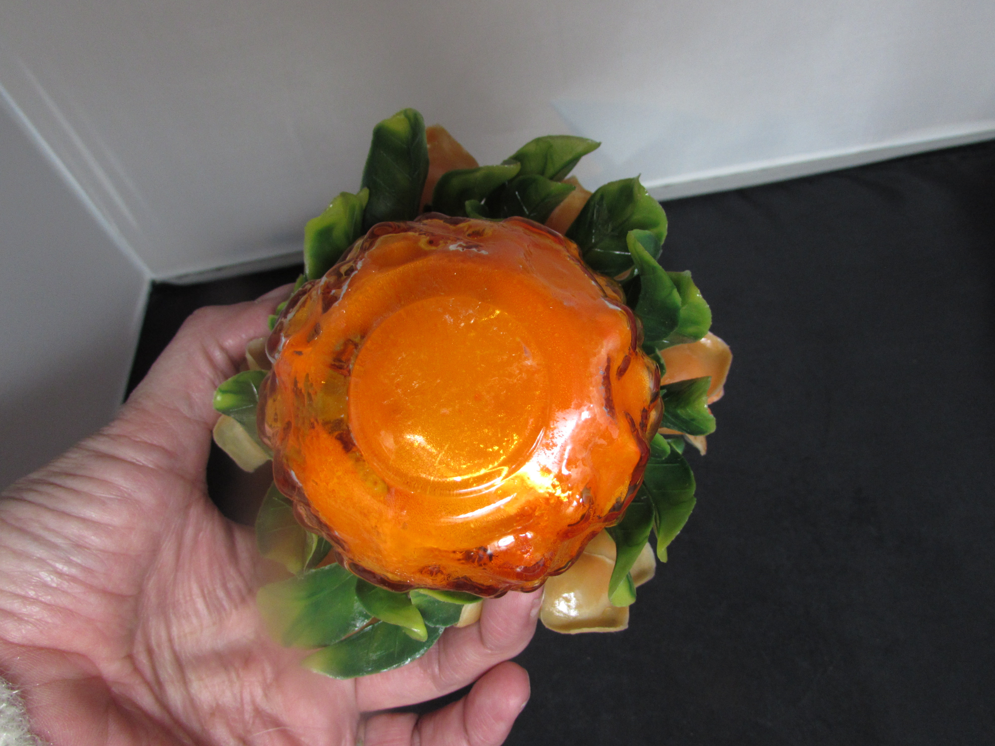 Plastic Orange Roses in Orange Goofus Glass Style Vase