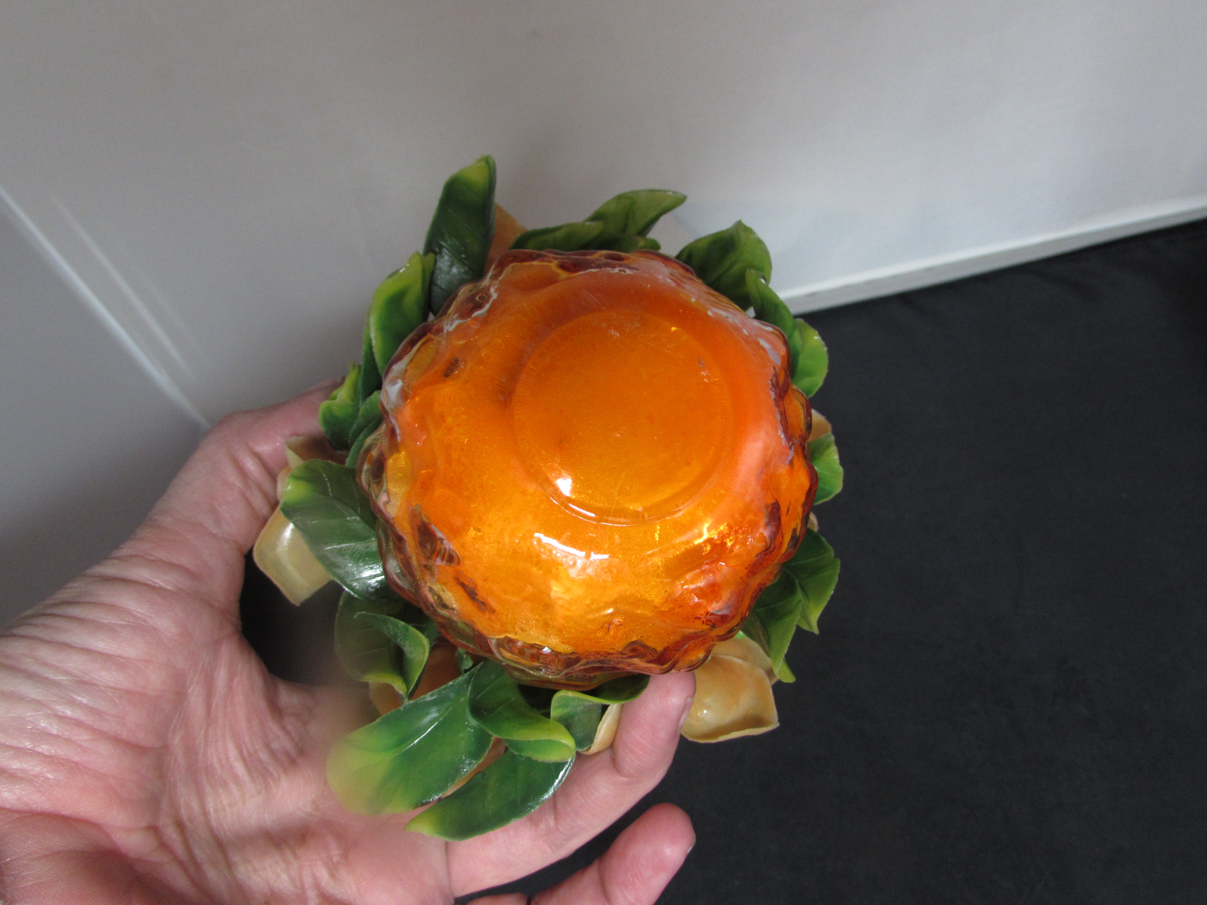 Plastic Orange Roses in Orange Goofus Glass Style Vase