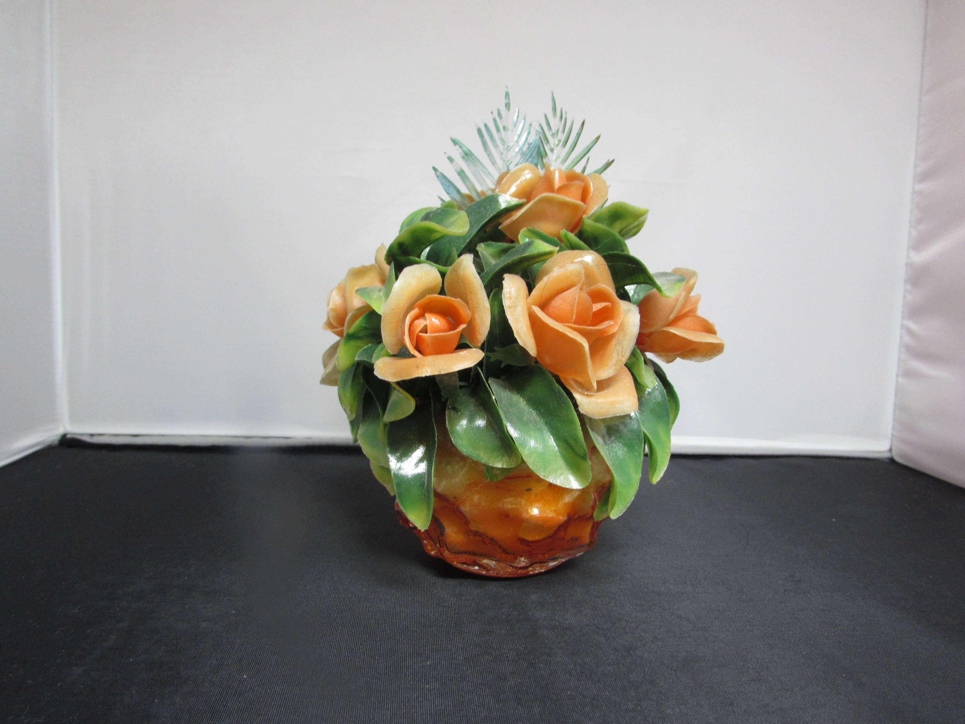 Plastic Orange Roses in Orange Goofus Glass Style Vase