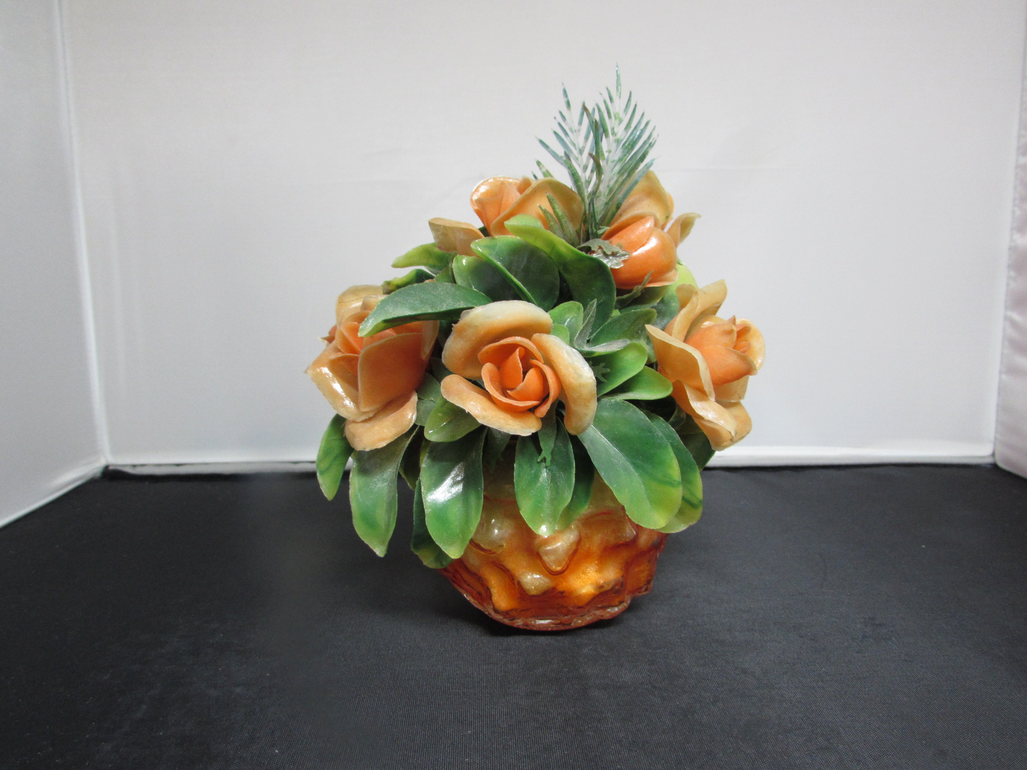 Plastic Orange Roses in Orange Goofus Glass Style Vase