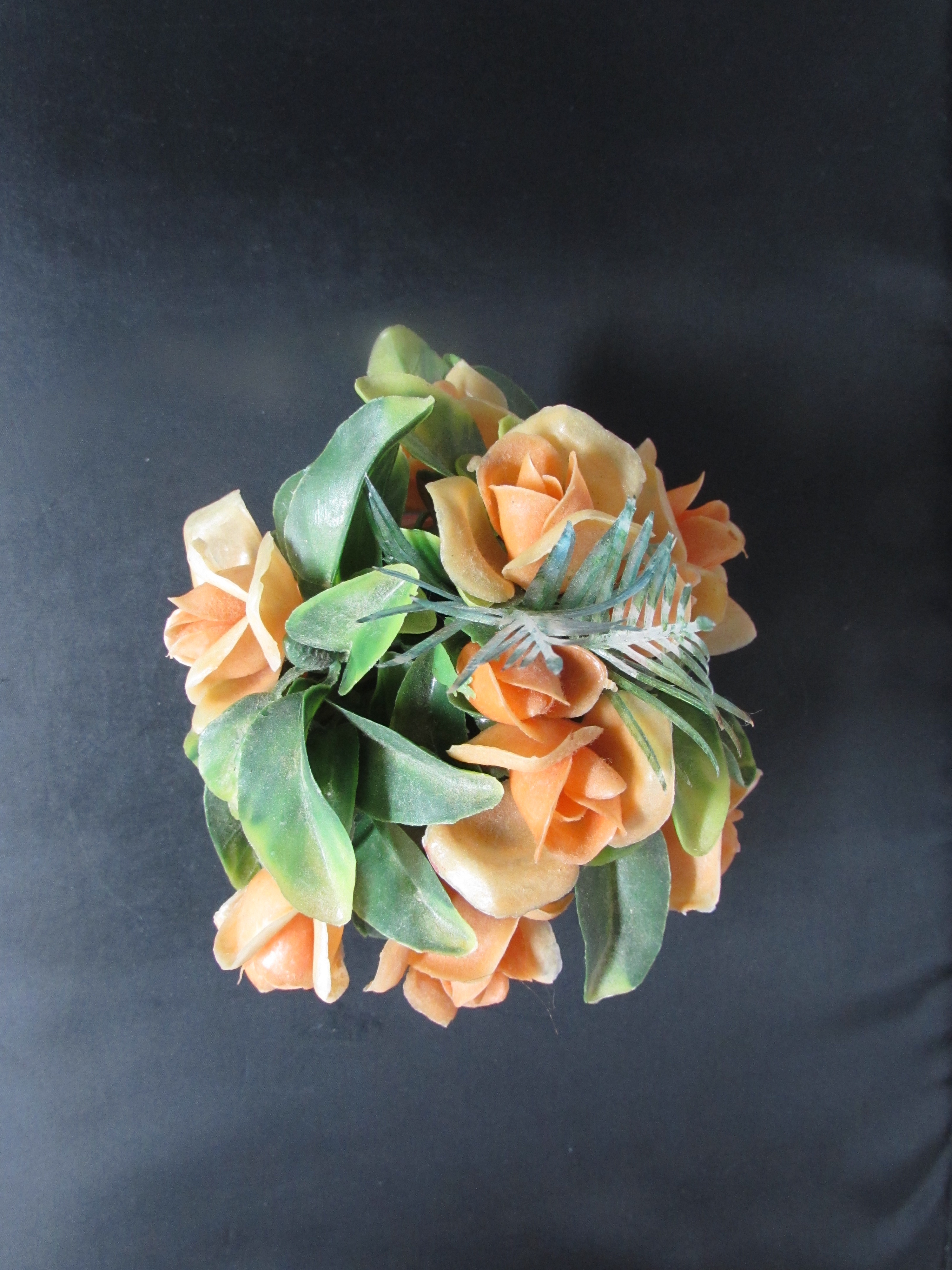 Plastic Orange Roses in Orange Goofus Glass Style Vase