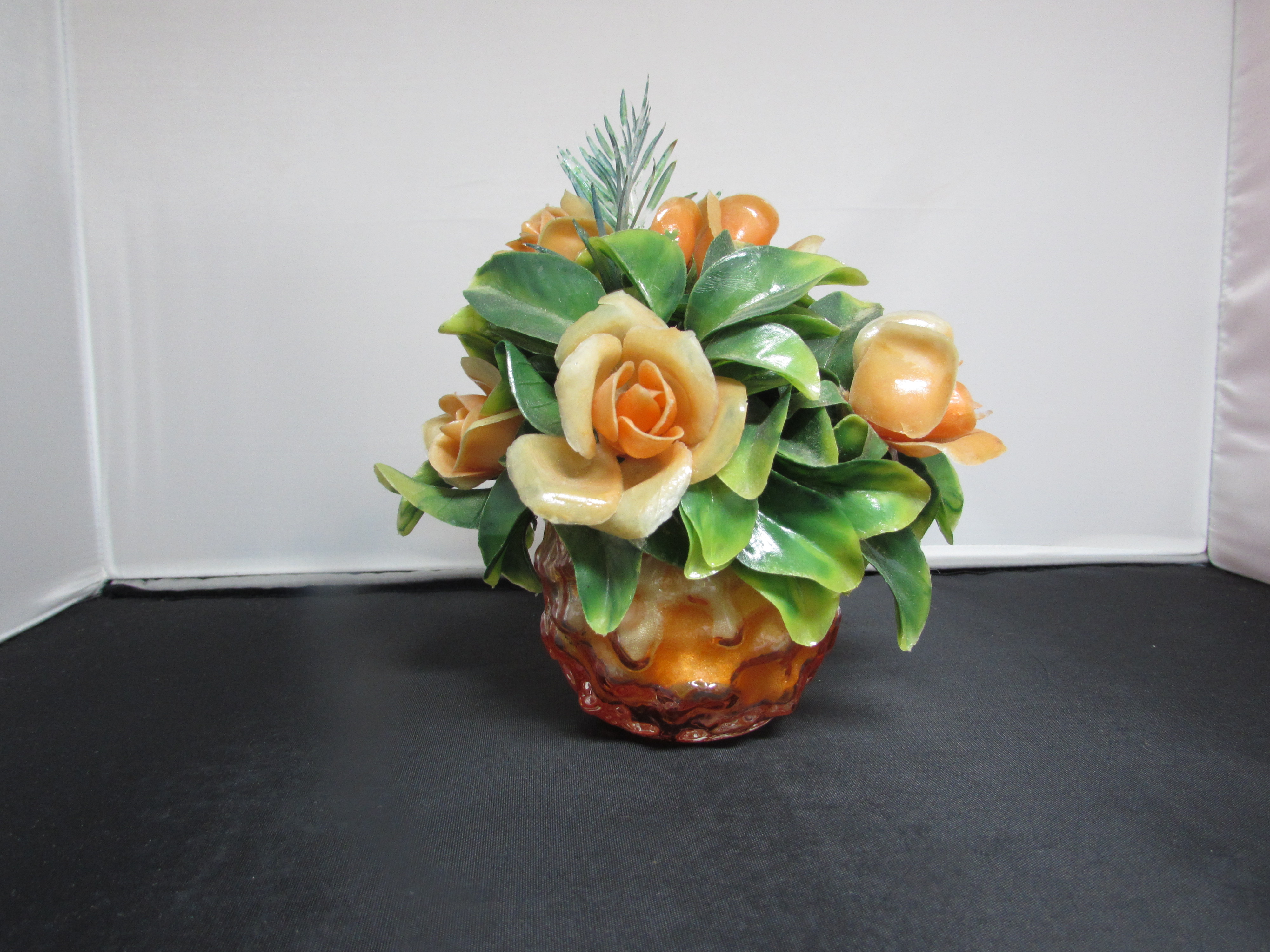 Plastic Orange Roses in Orange Goofus Glass Style Vase