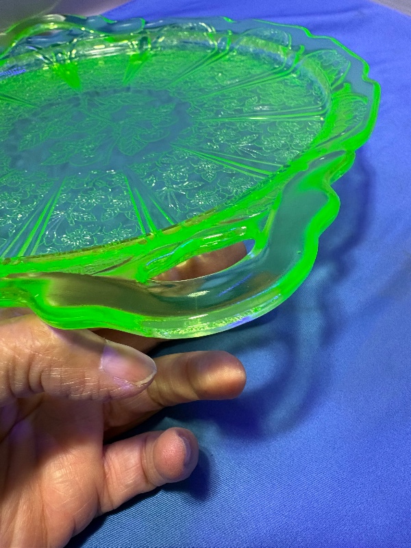 Jeanette Glass Uranium Green Cherry Blossom Cake Plate with Handles 12 1/2"