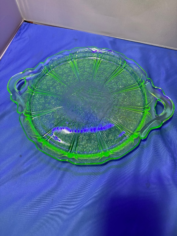 Jeanette Glass Uranium Green Cherry Blossom Cake Plate with Handles 12 1/2"