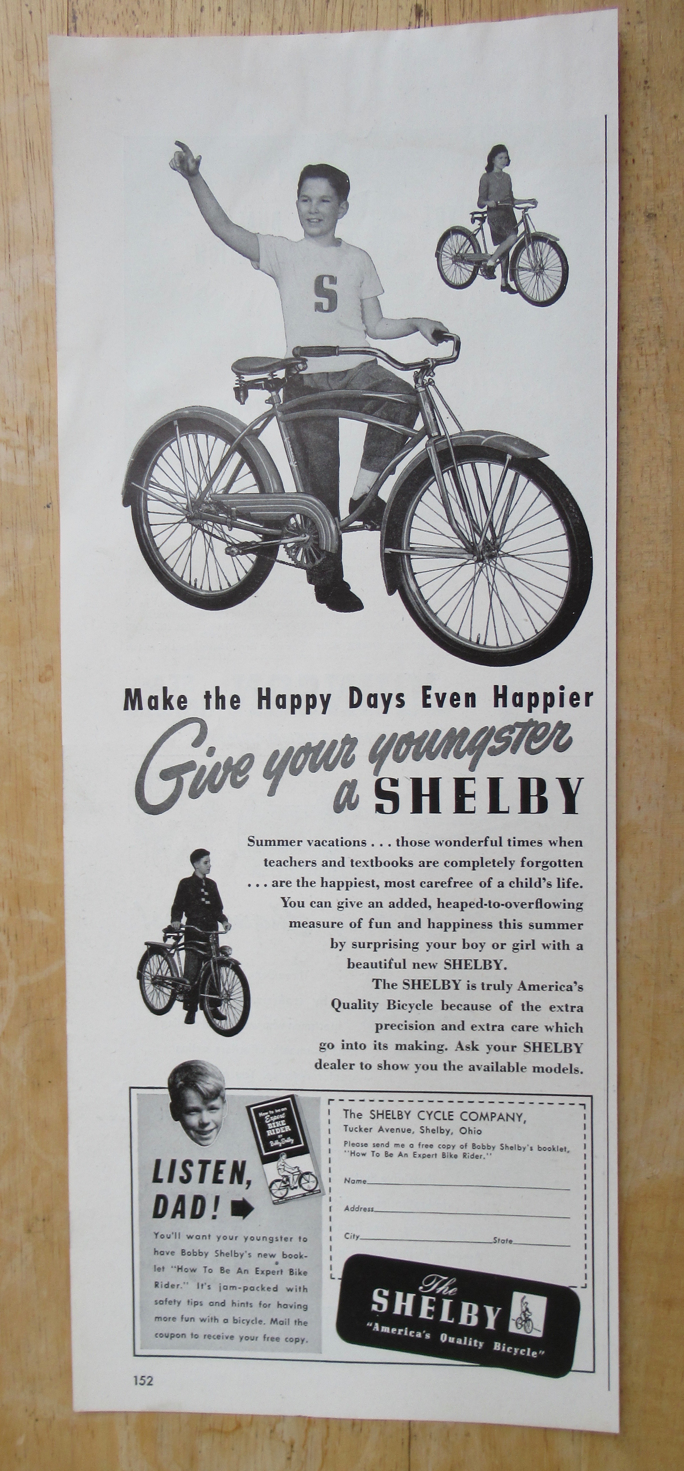 1947 Shelby Bicycle with Boy Standing By His Bike