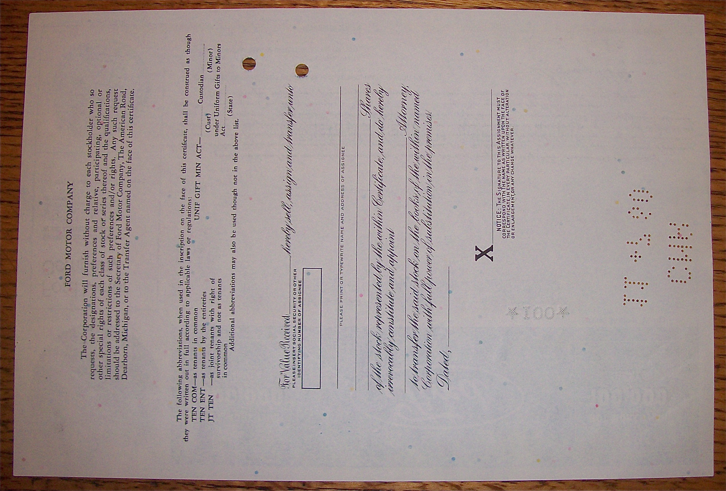 1978 Ford Motor Company Stock Certificate