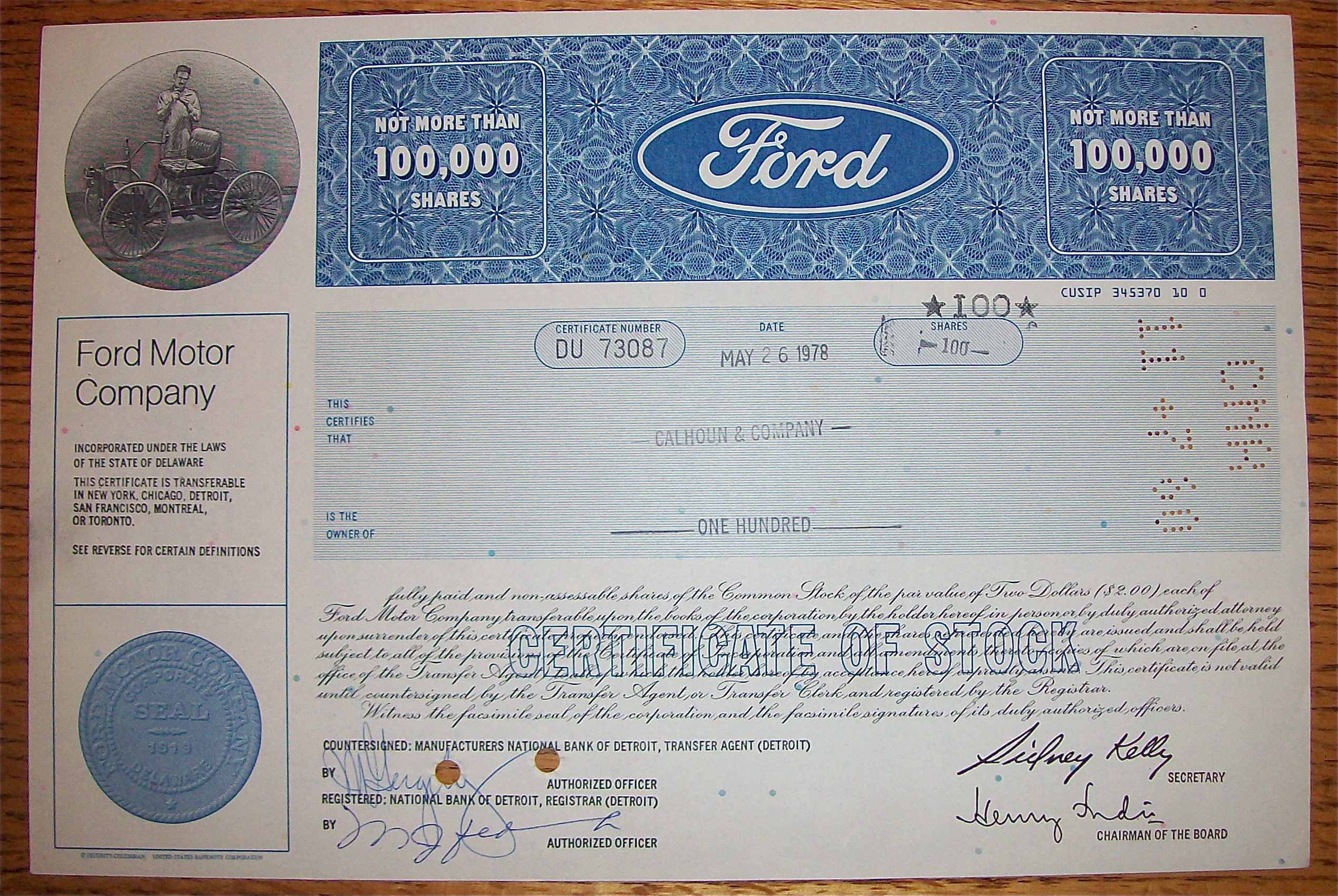 1978 Ford Motor Company Stock Certificate