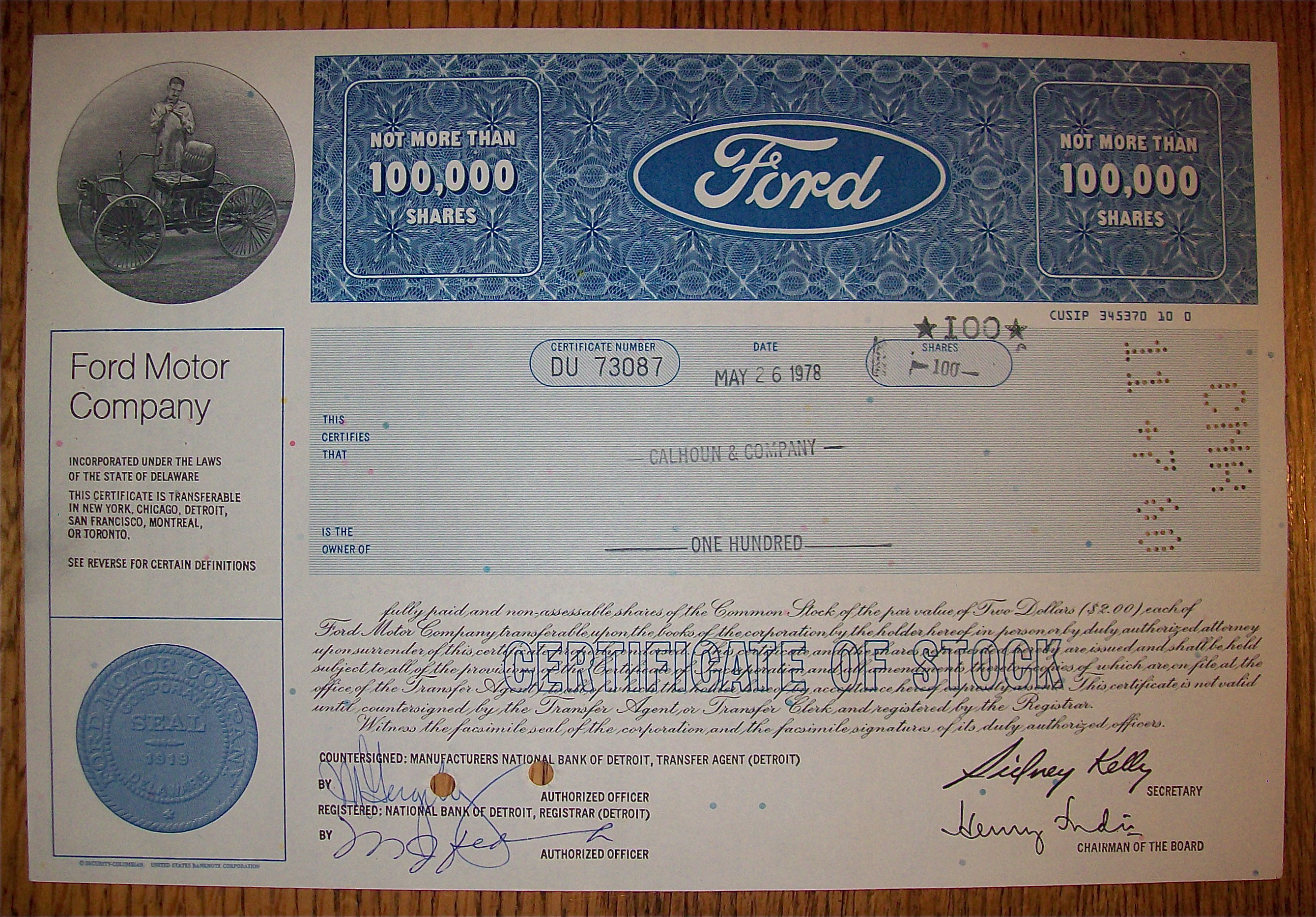 1978 Ford Motor Company Stock Certificate