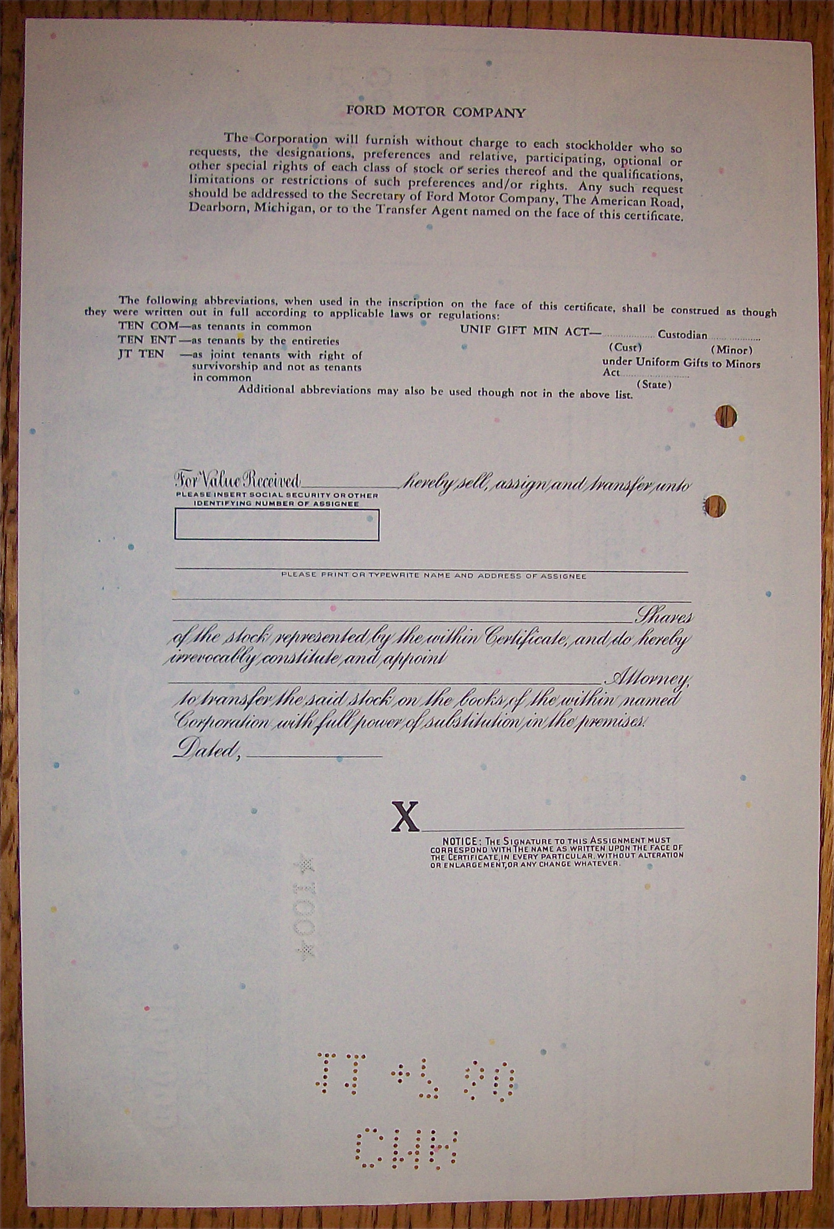 1978 Ford Motor Company Stock Certificate