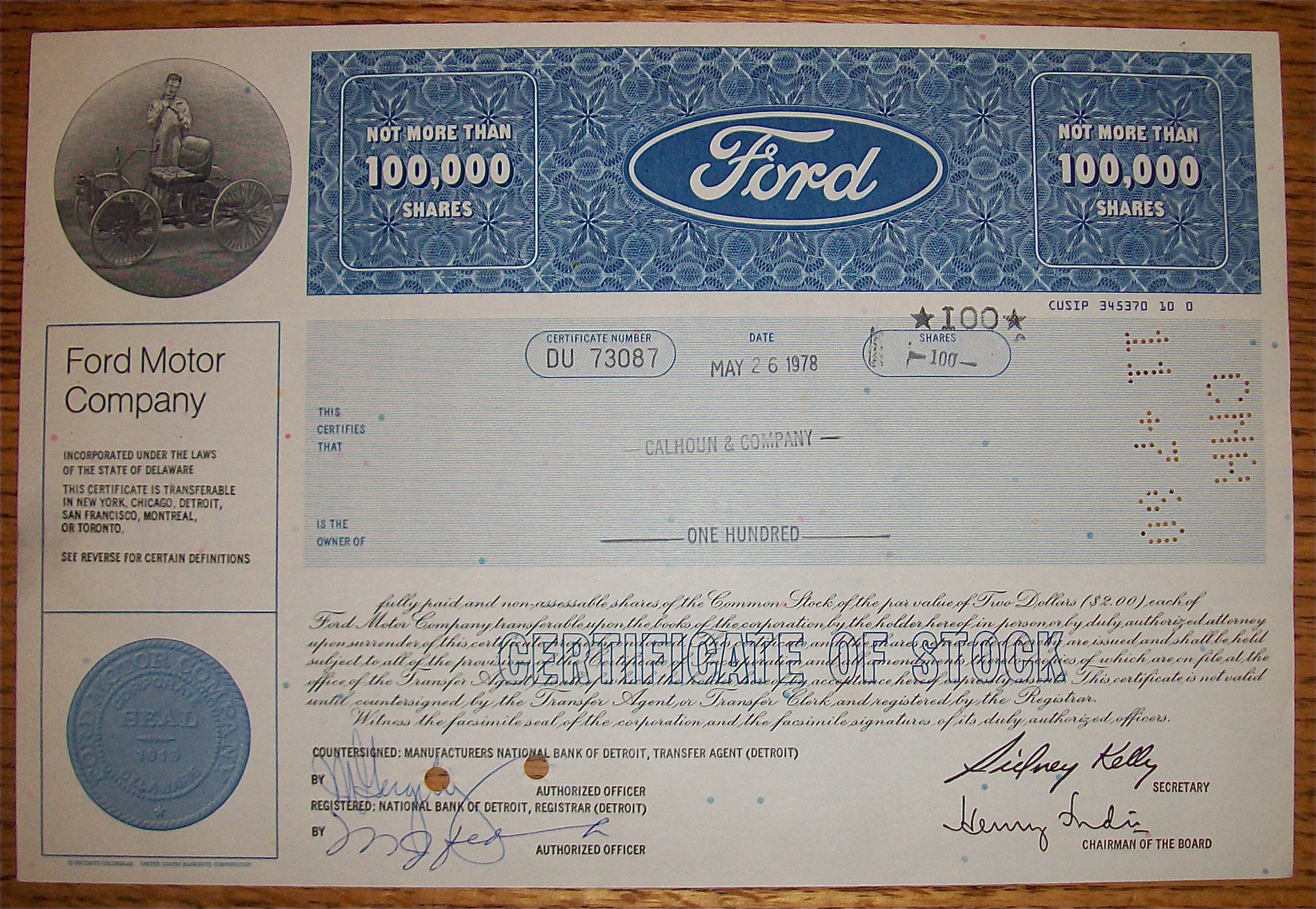 1978 Ford Motor Company Stock Certificate