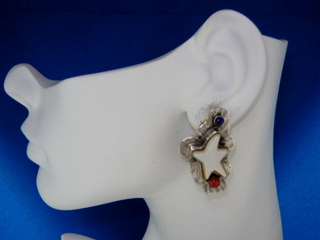 David Troutman  Coral Lapis Sterling Silver Clip Earrin