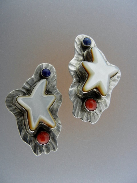 David Troutman  Coral Lapis Sterling Silver Clip Earrin