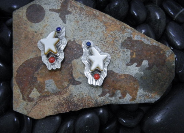 David Troutman  Coral Lapis Sterling Silver Clip Earrin