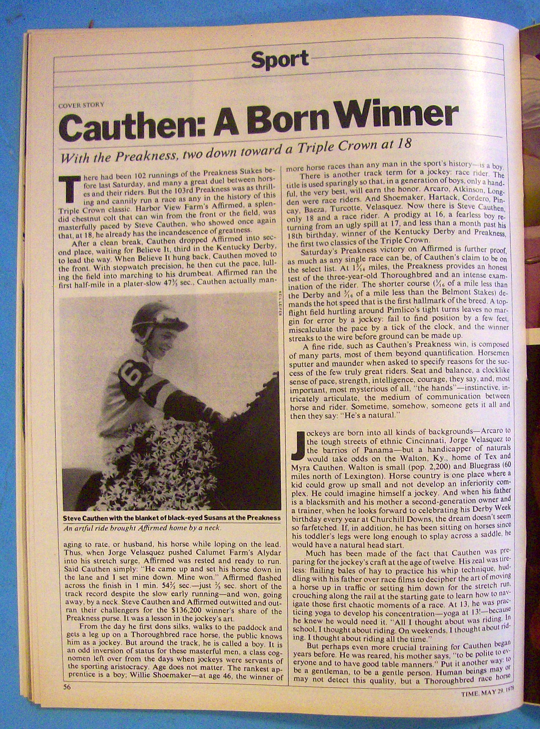 Time Magazine May 29, 1978 Steve Cauthen: A Born Winner
