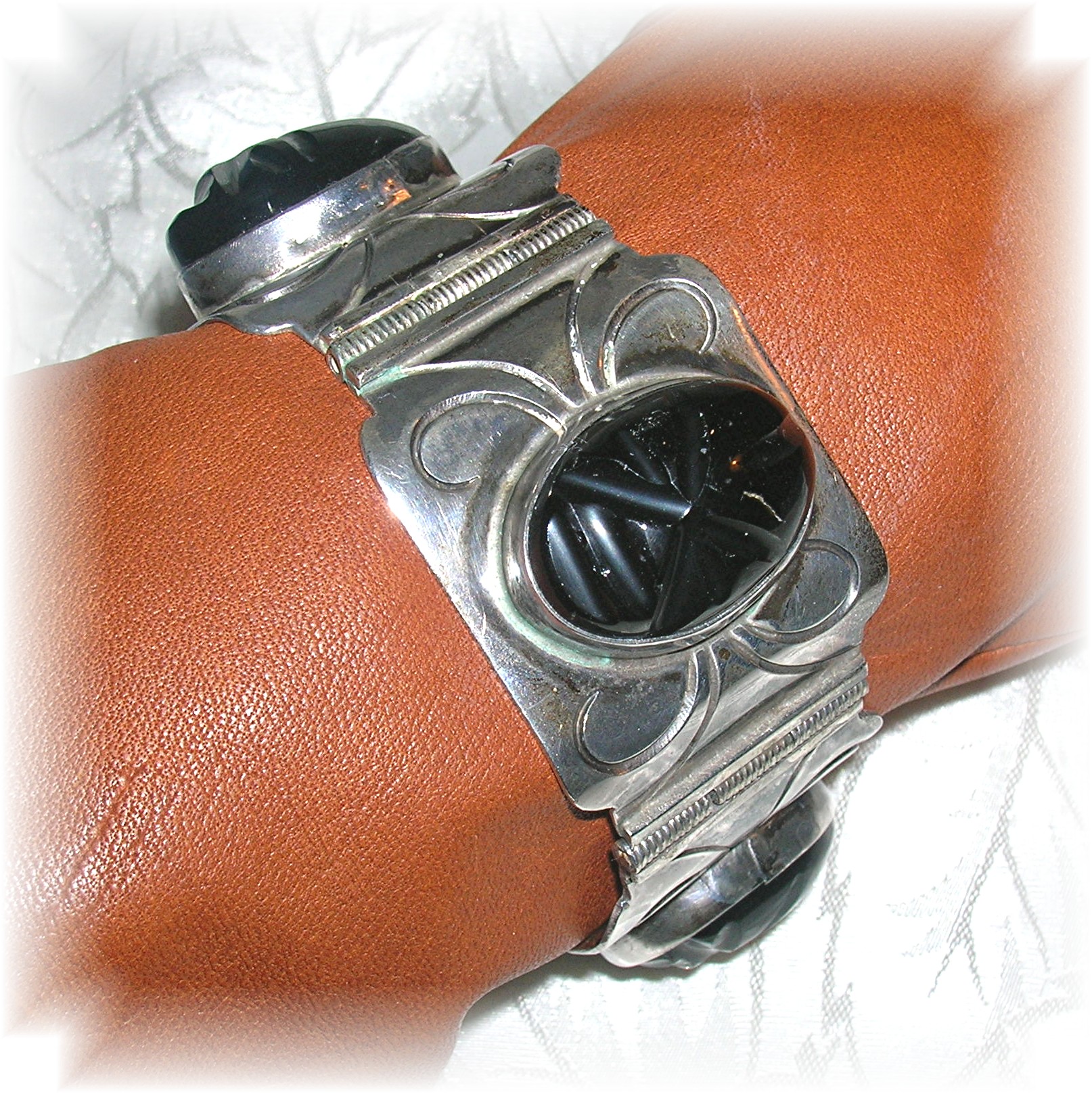 1940s Sterling Silver Onyx Mexican Bracelet