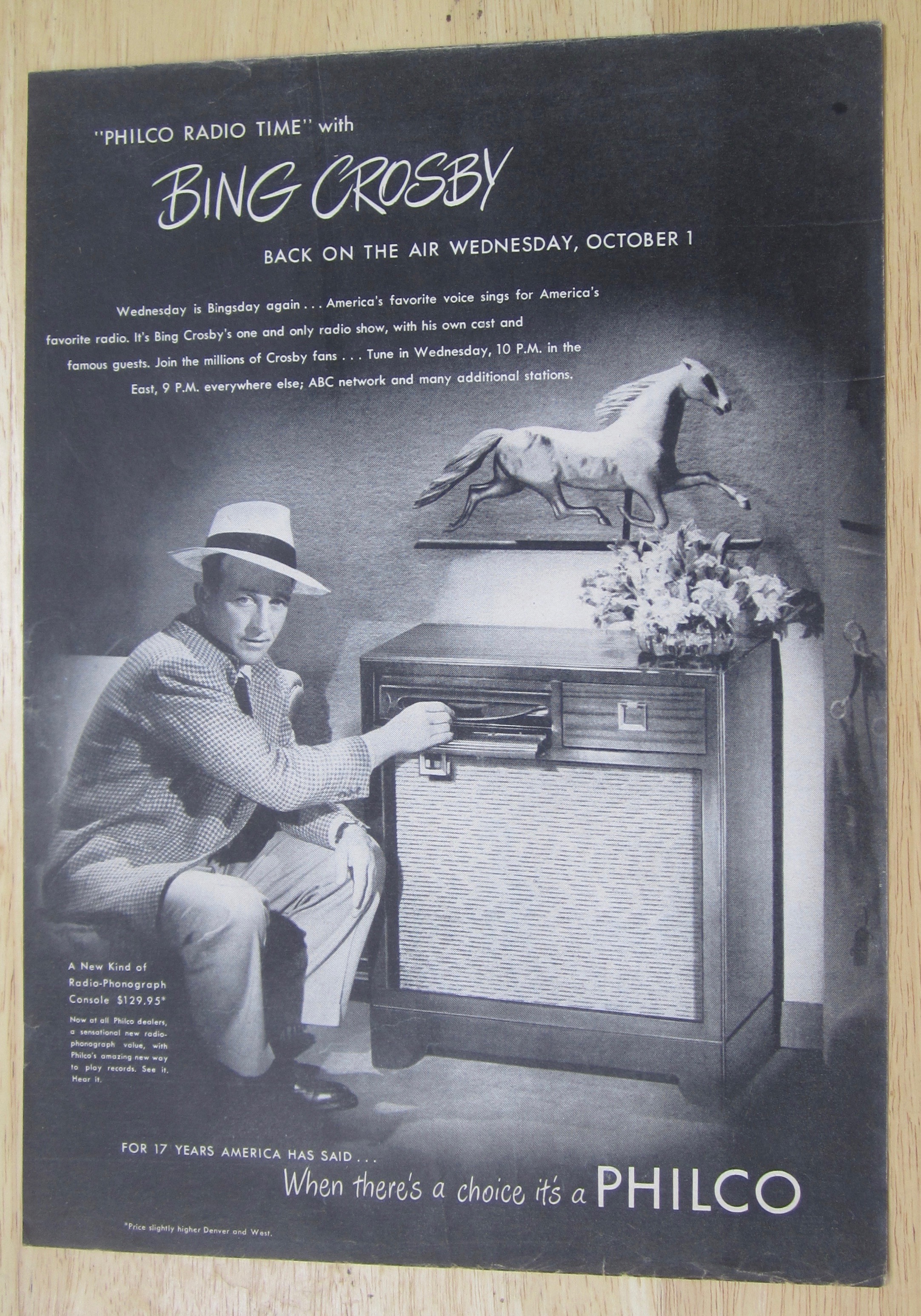 1947 Philco Radio Phonograph Console with Bing Crosby
