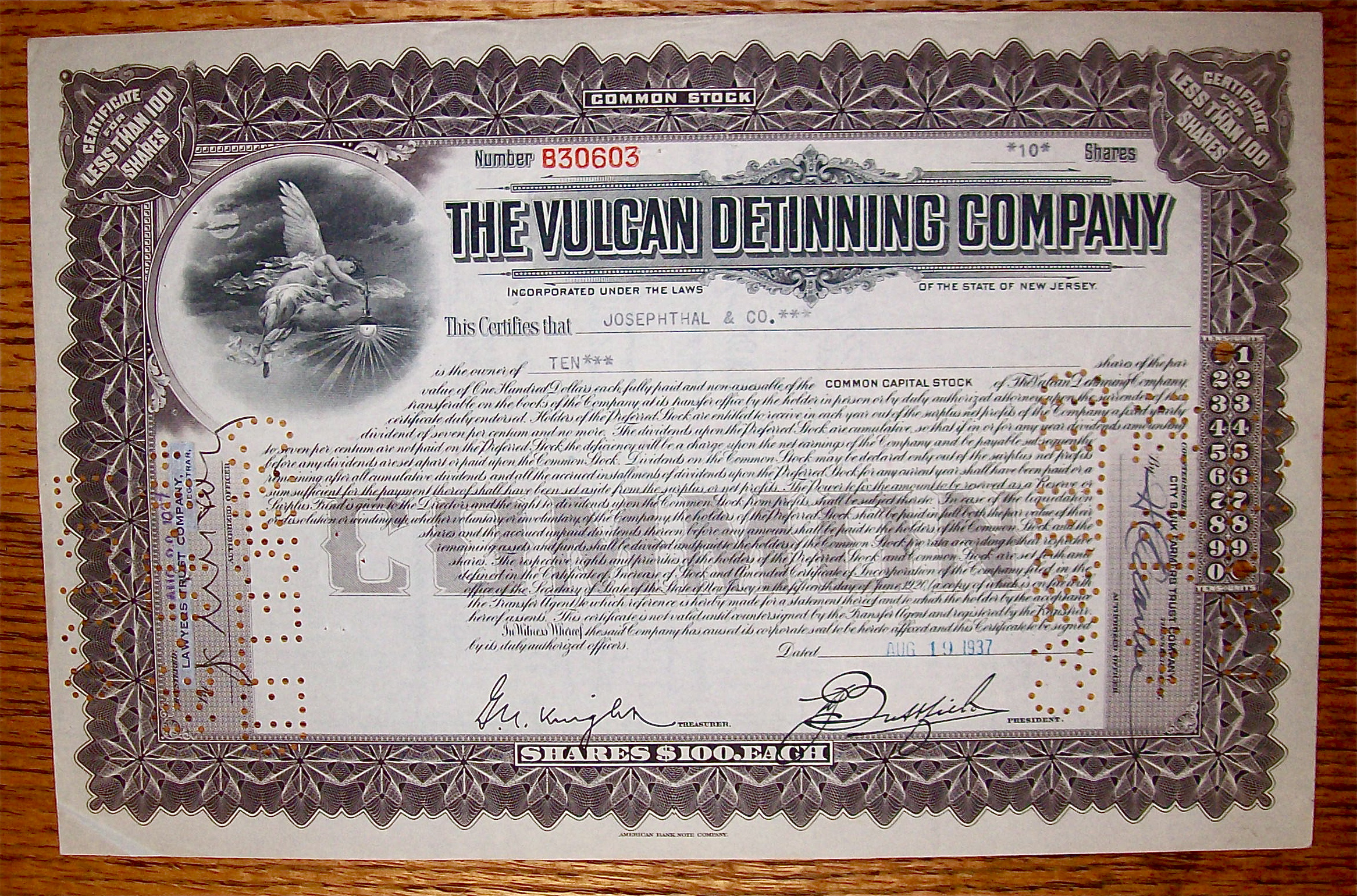 1937 Vulcan Detinning Company Stock Certificate