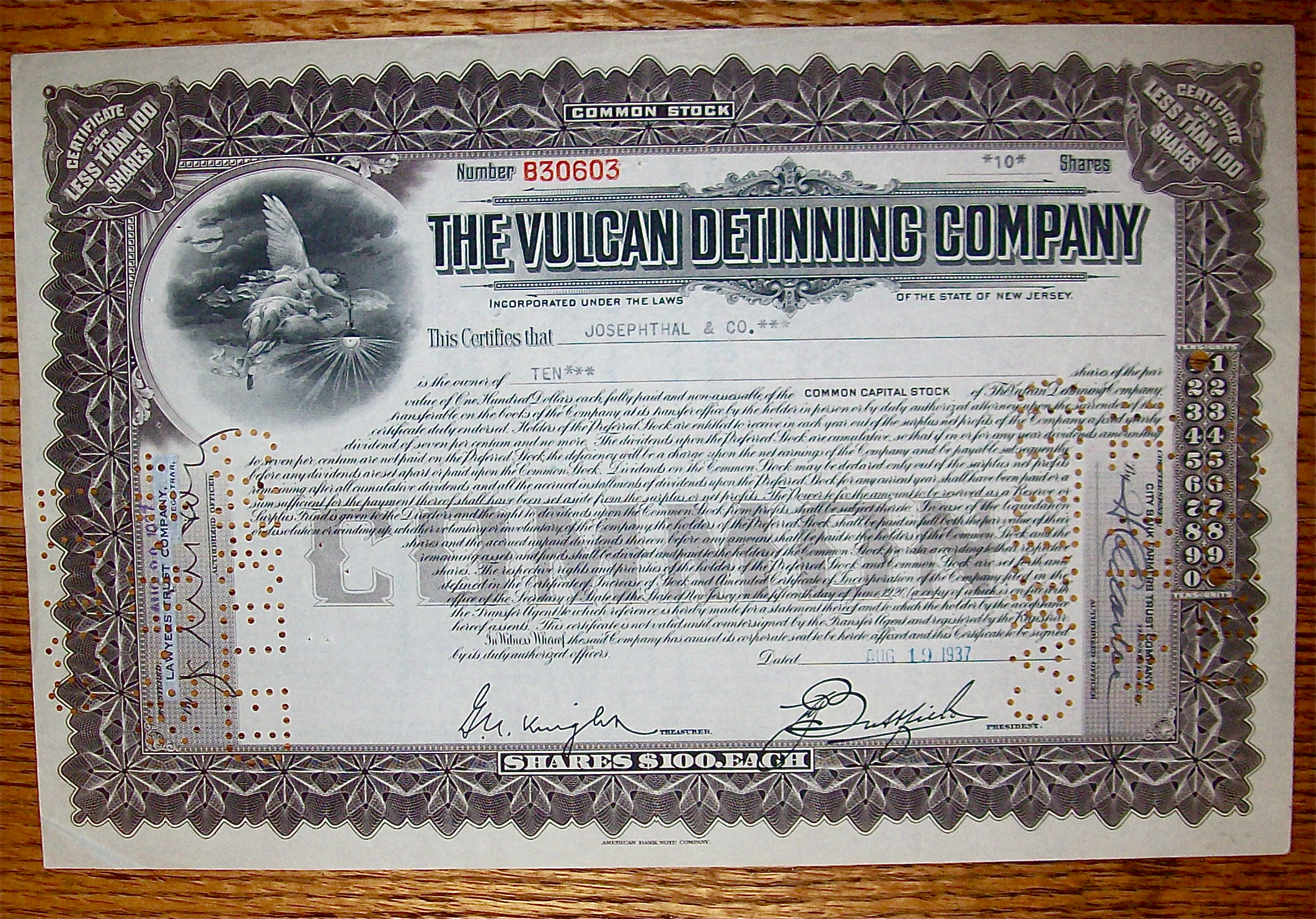 1937 Vulcan Detinning Company Stock Certificate