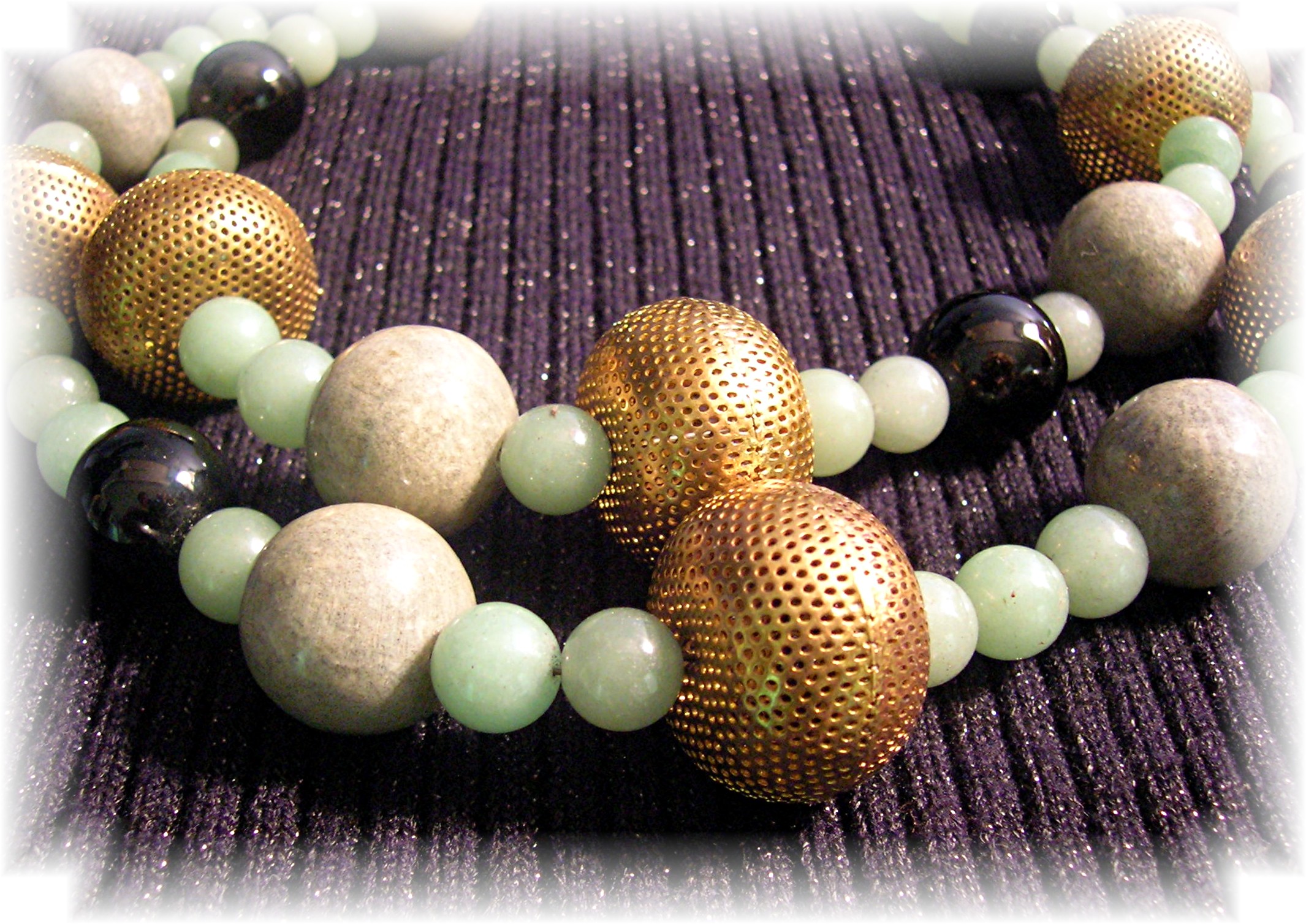 2 Strand Green Adventurine Onyx Brass Necklac