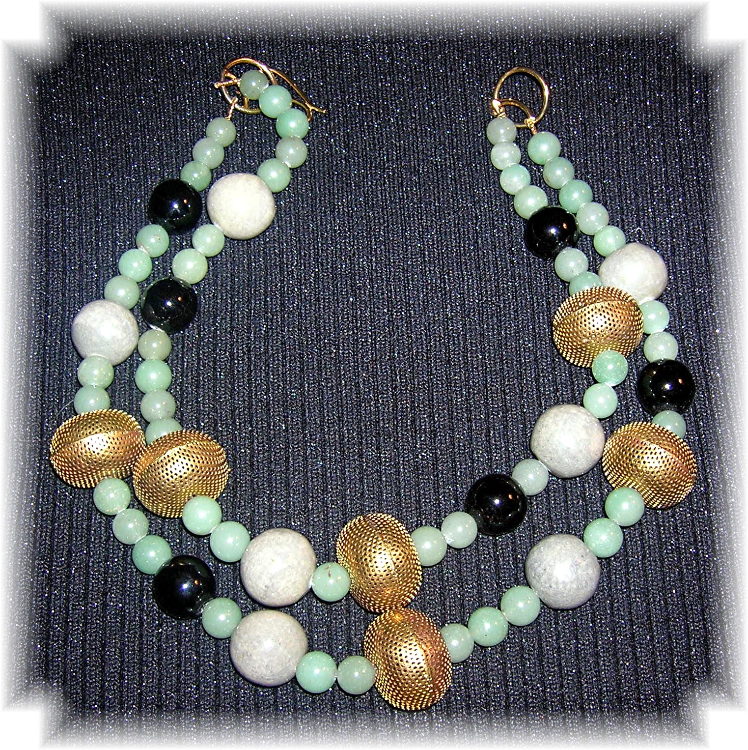 2 Strand Green Adventurine Onyx Brass Necklac