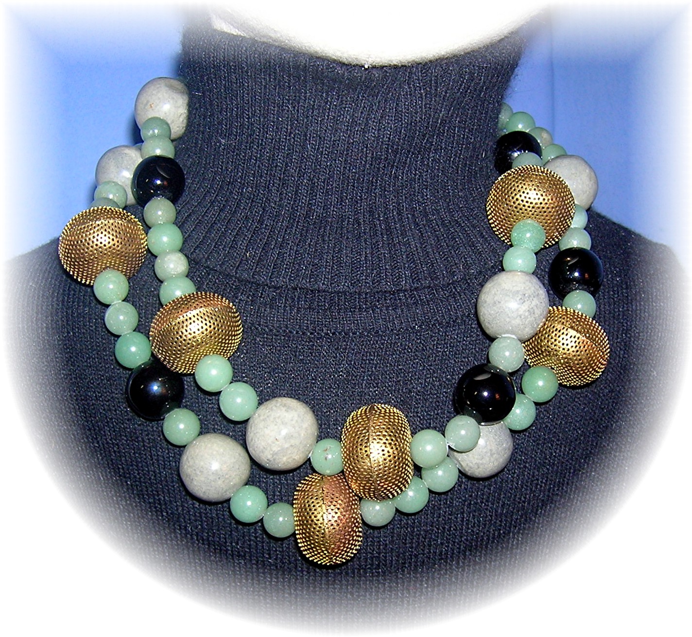 2 Strand Green Adventurine Onyx Brass Necklac