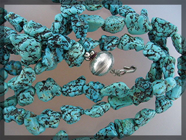 Necklace Turquoise 3 Strand Sterling Silver Bead Hook C