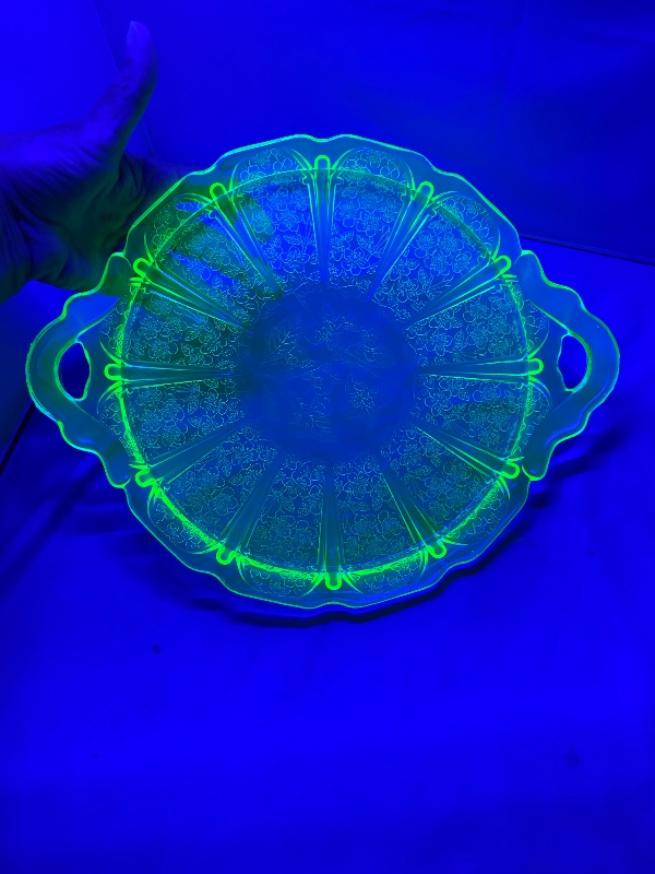 Jeanette Glass Uranium Green Cherry Blossom Cake Plate with Handles 12 1/2"