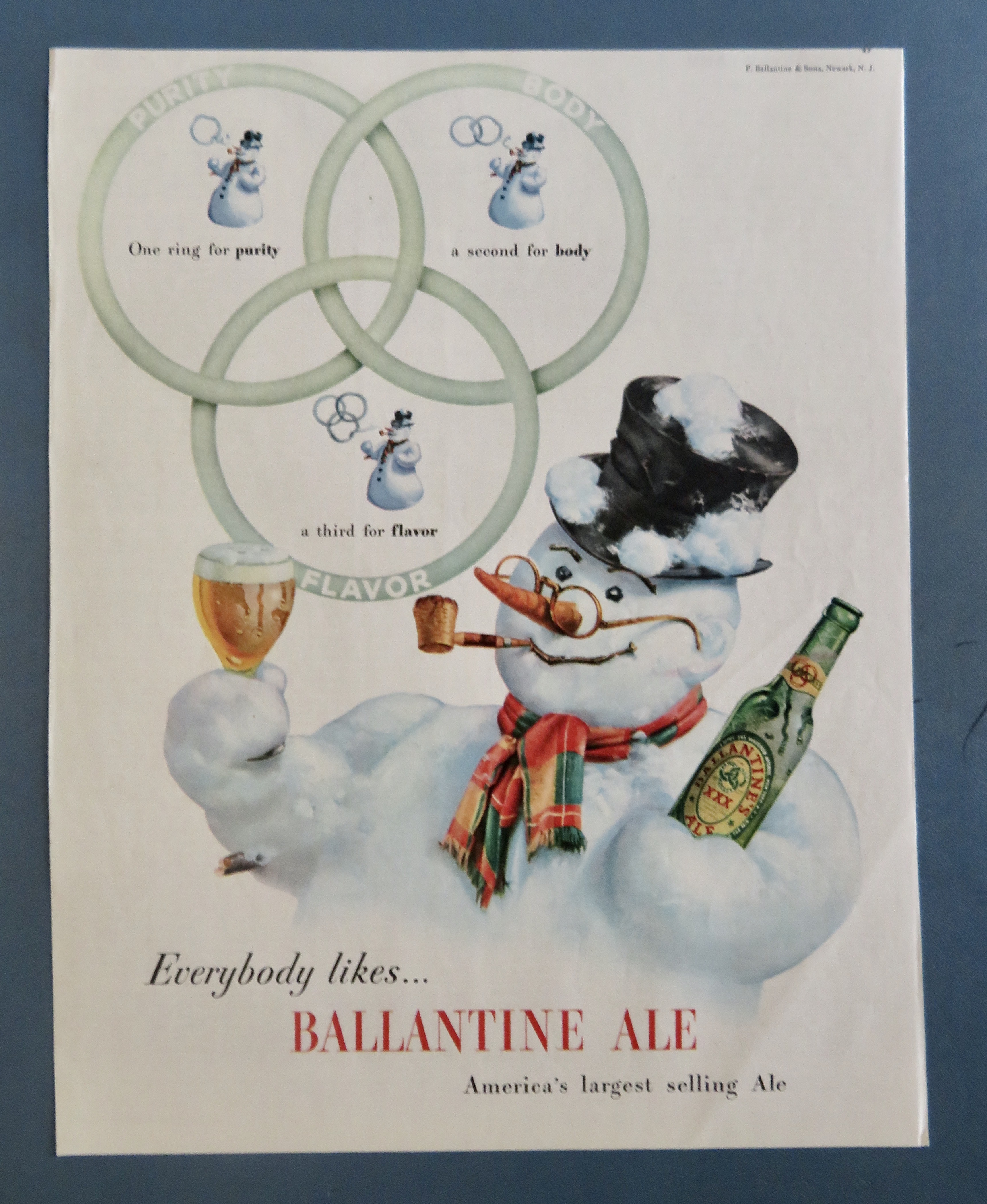 1947 Ballantine Ale with Snowman Holding Glass & Bottle