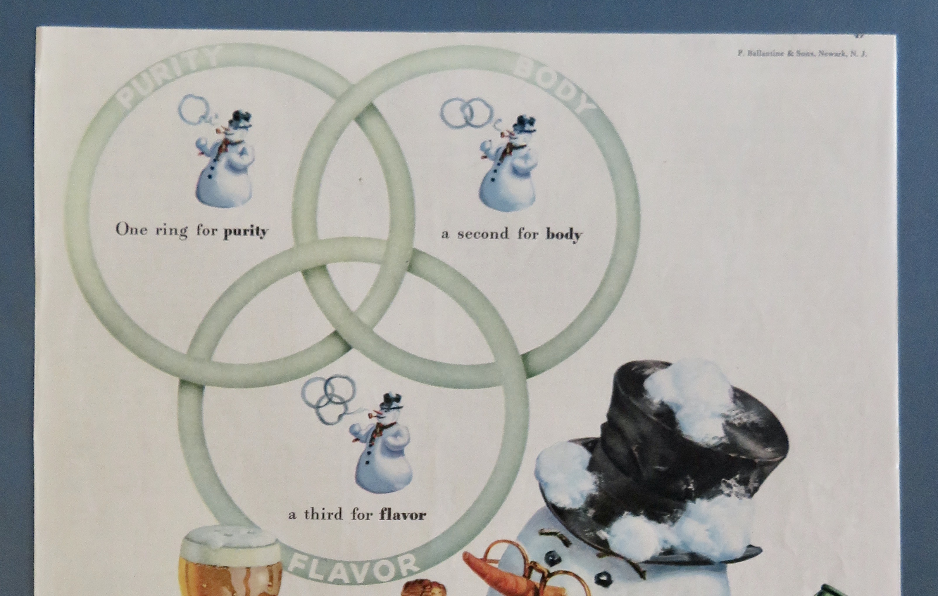 1947 Ballantine Ale with Snowman Holding Glass & Bottle