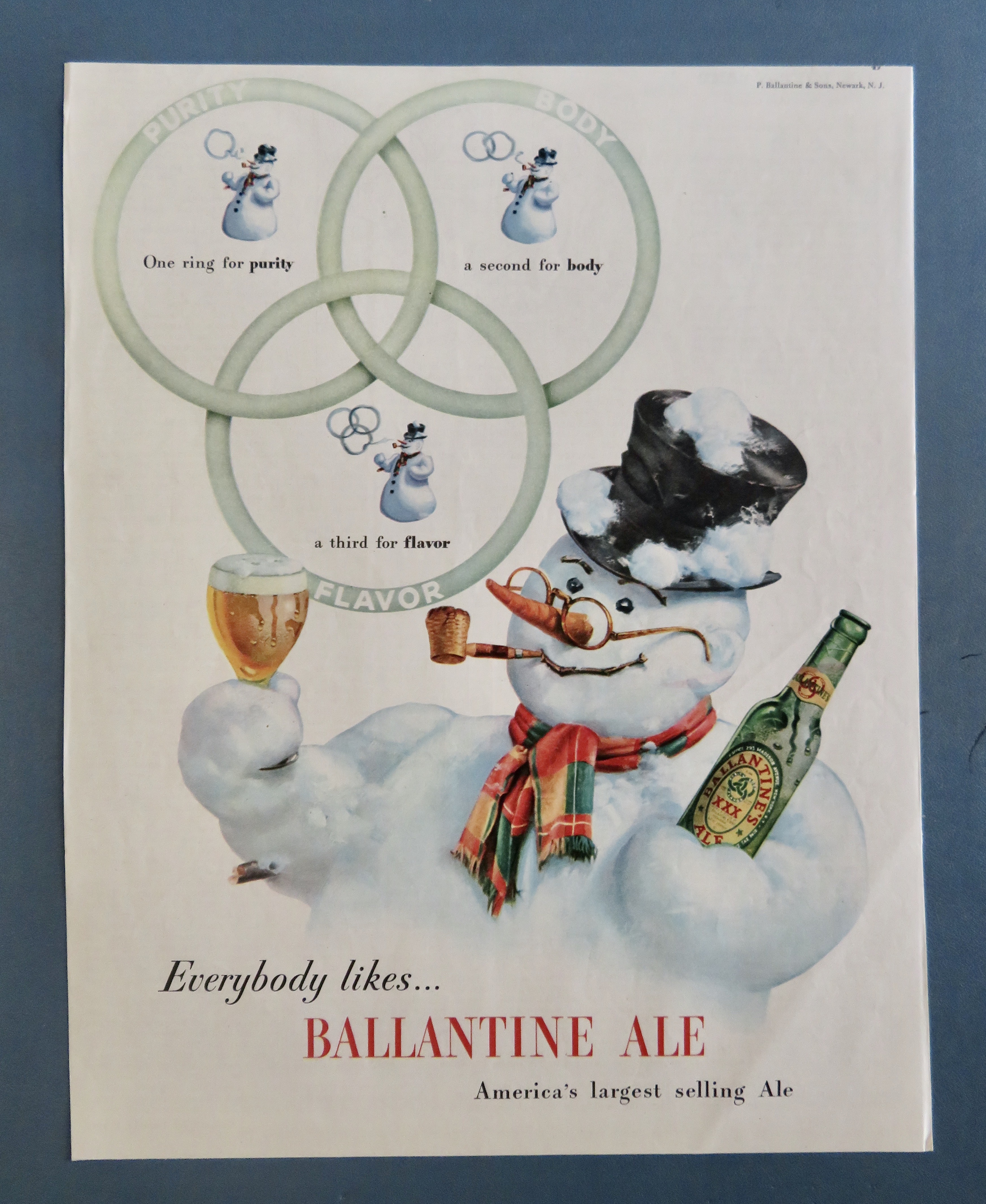 1947 Ballantine Ale with Snowman Holding Glass & Bottle