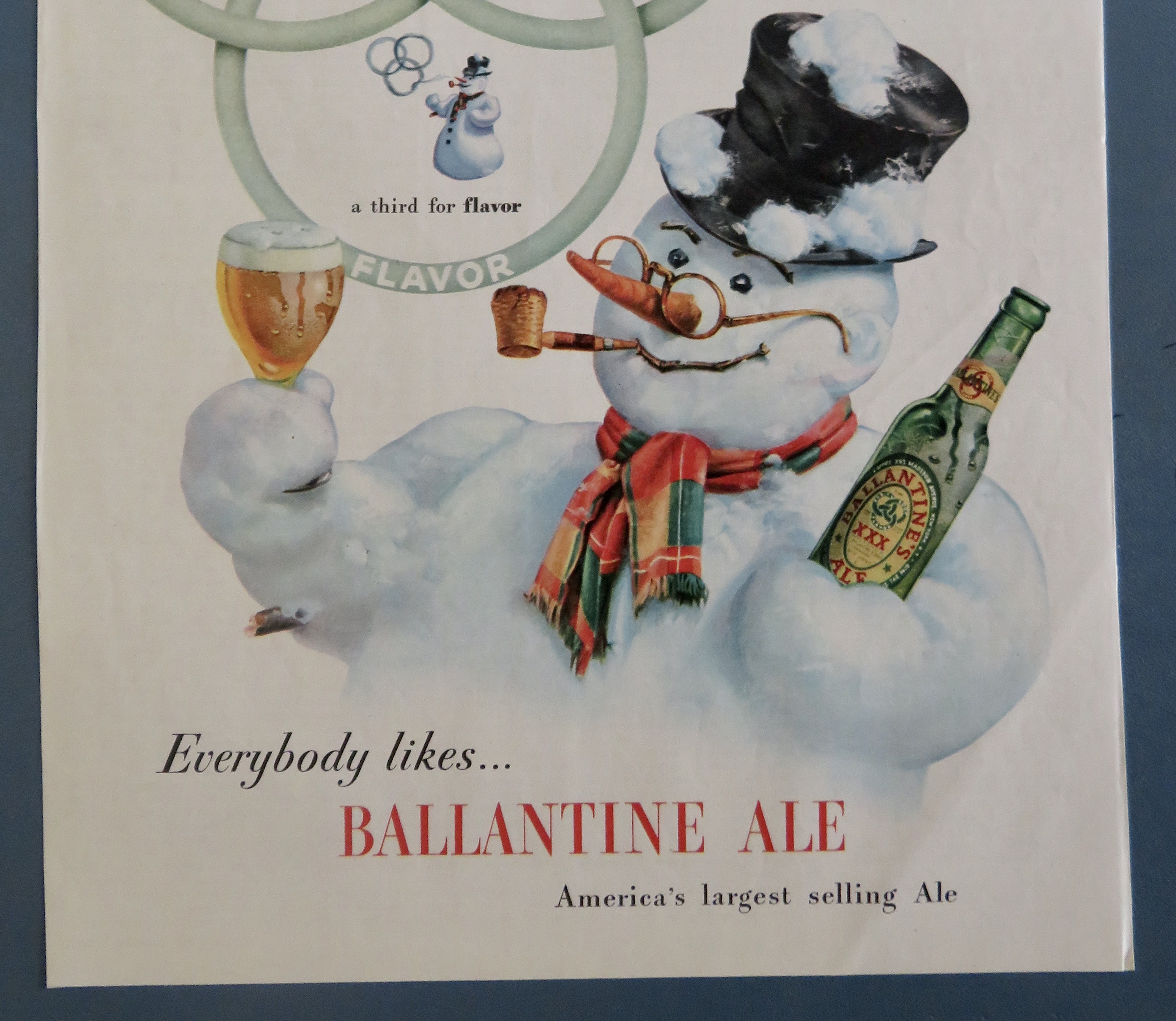 1947 Ballantine Ale with Snowman Holding Glass & Bottle