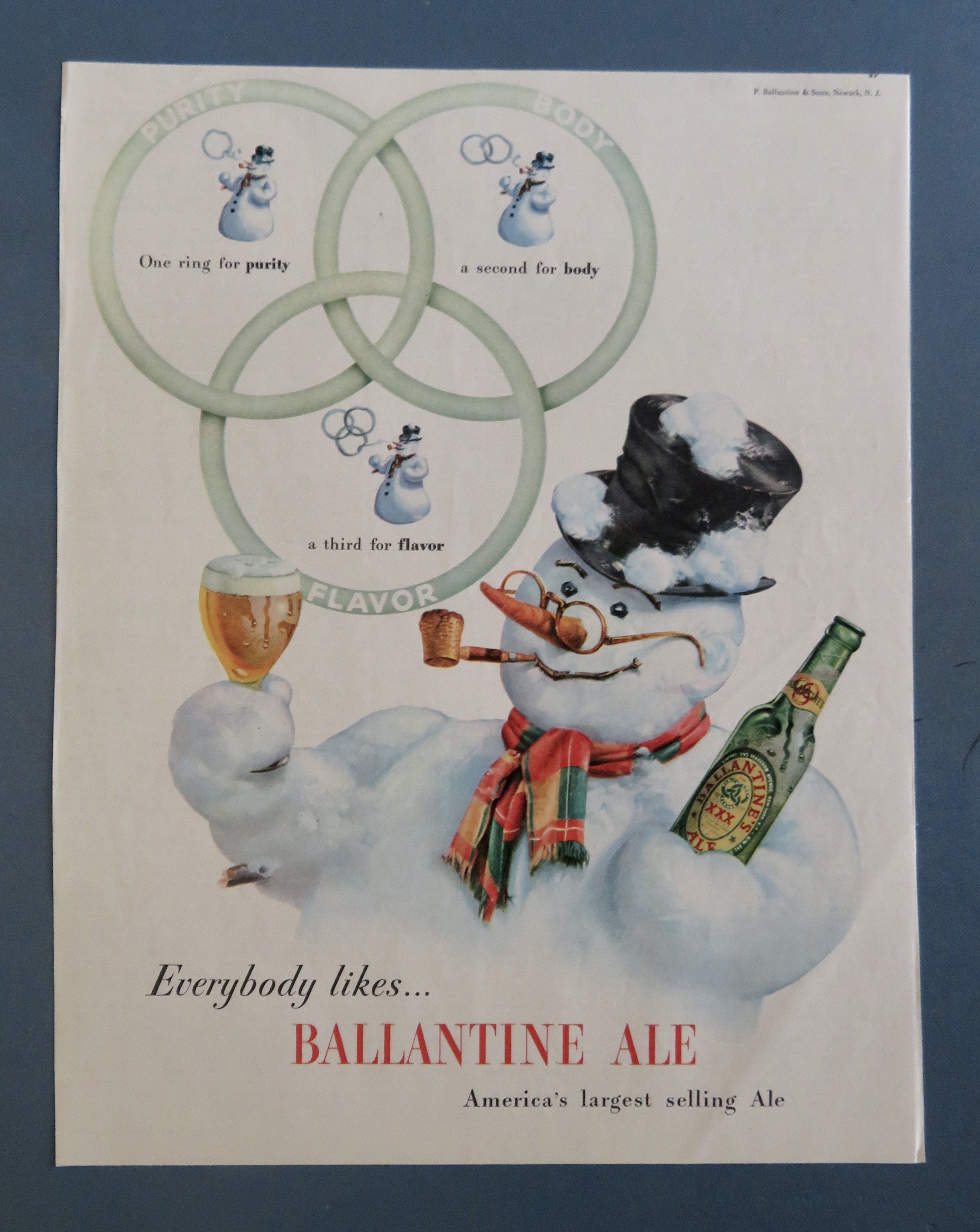 1947 Ballantine Ale with Snowman Holding Glass & Bottle