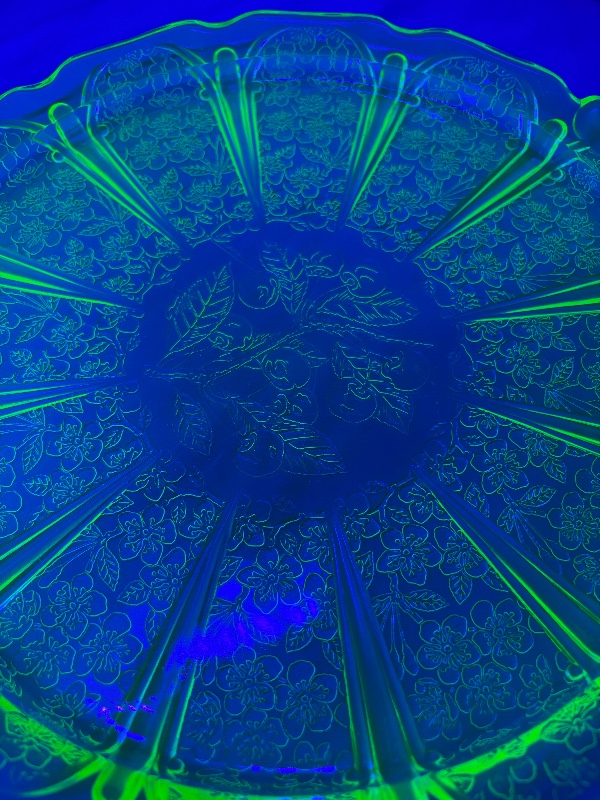Jeanette Glass Uranium Green Cherry Blossom Cake Plate with Handles 12 1/2"