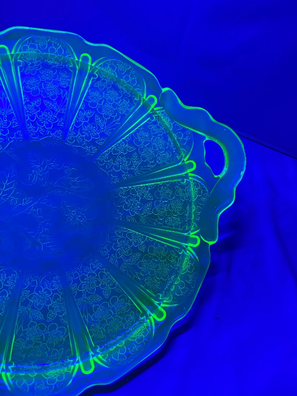 Jeanette Glass Uranium Green Cherry Blossom Cake Plate with Handles 12 1/2"