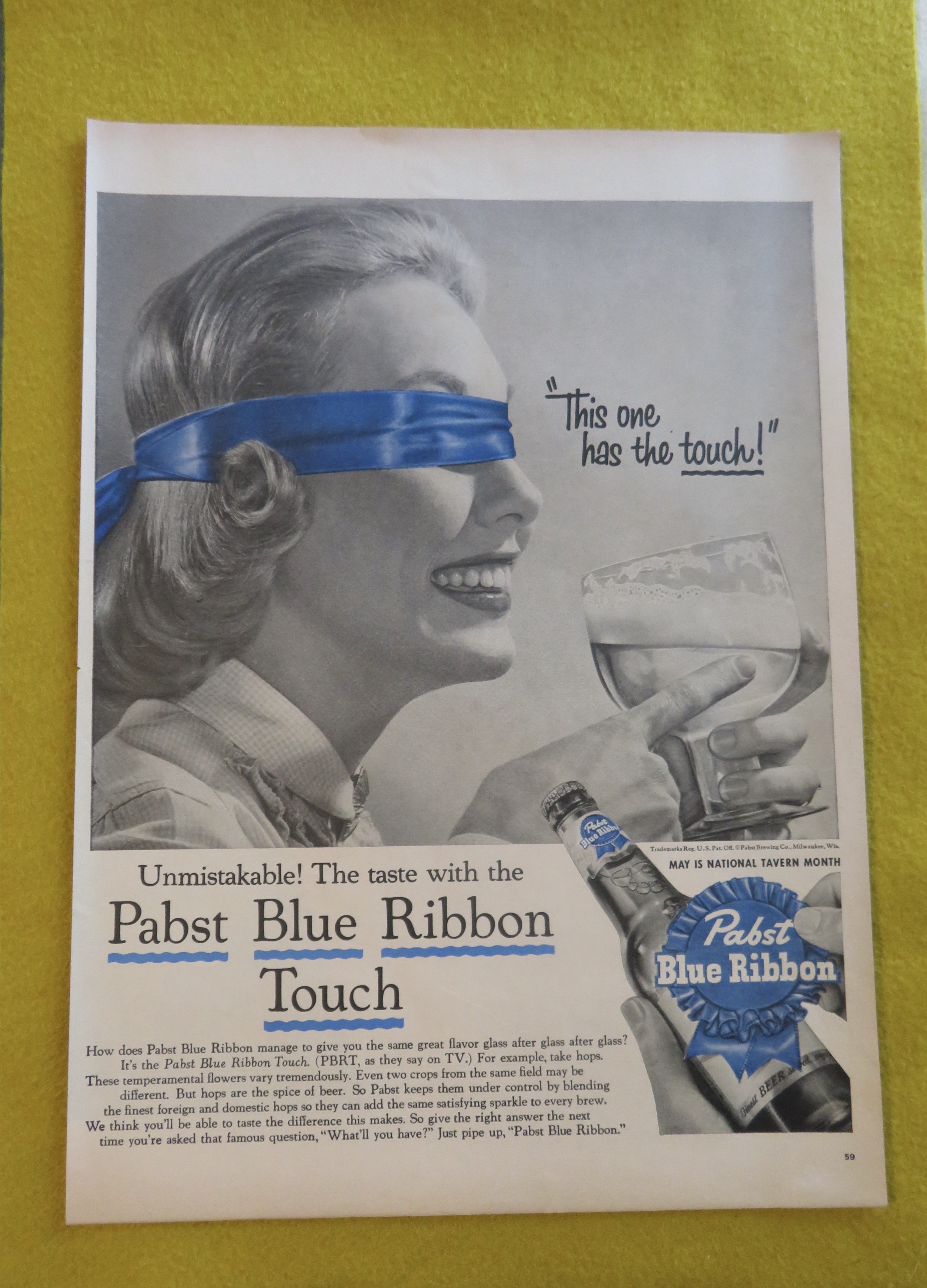 1956 Pabst Blue Ribbon Beer with Woman Blindfolded