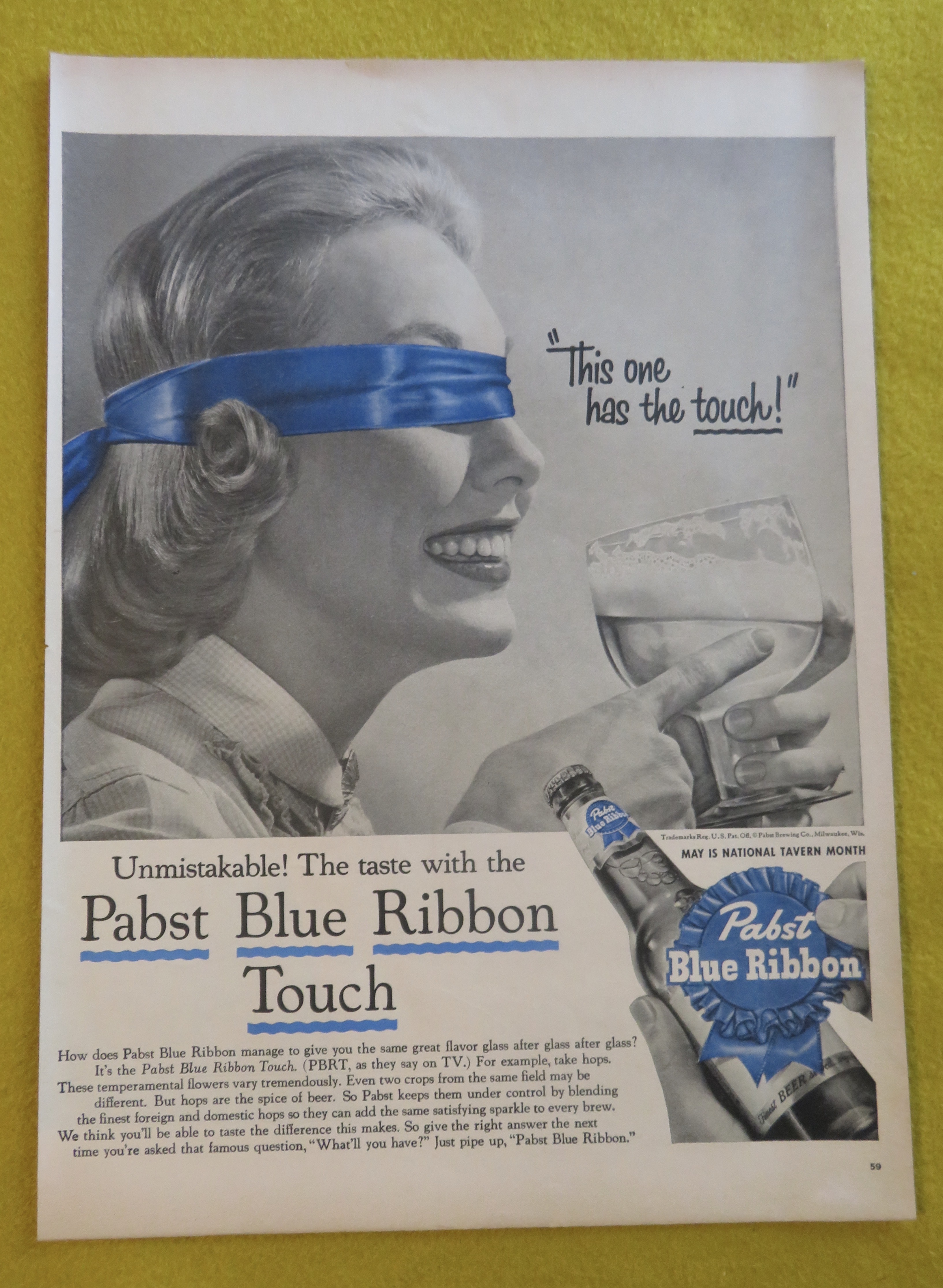 1956 Pabst Blue Ribbon Beer with Woman Blindfolded