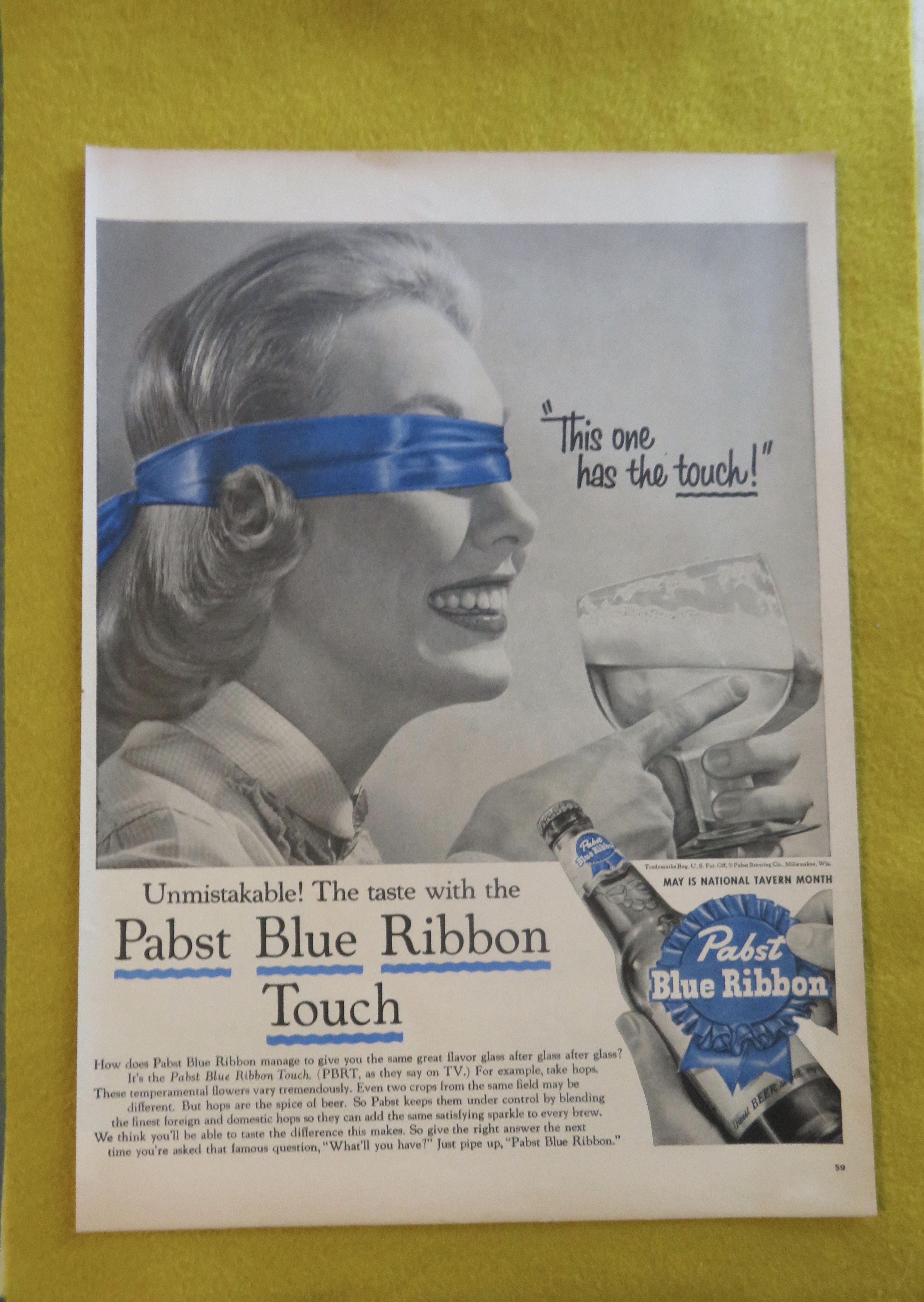 1956 Pabst Blue Ribbon Beer with Woman Blindfolded