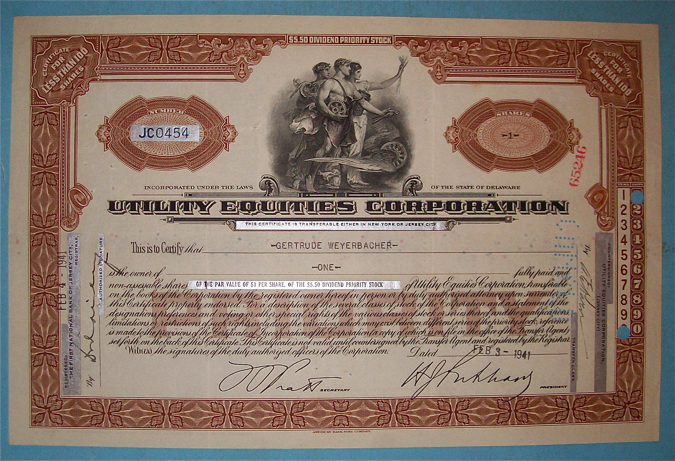 1941 Utility Equities Corporation Stock Certificate