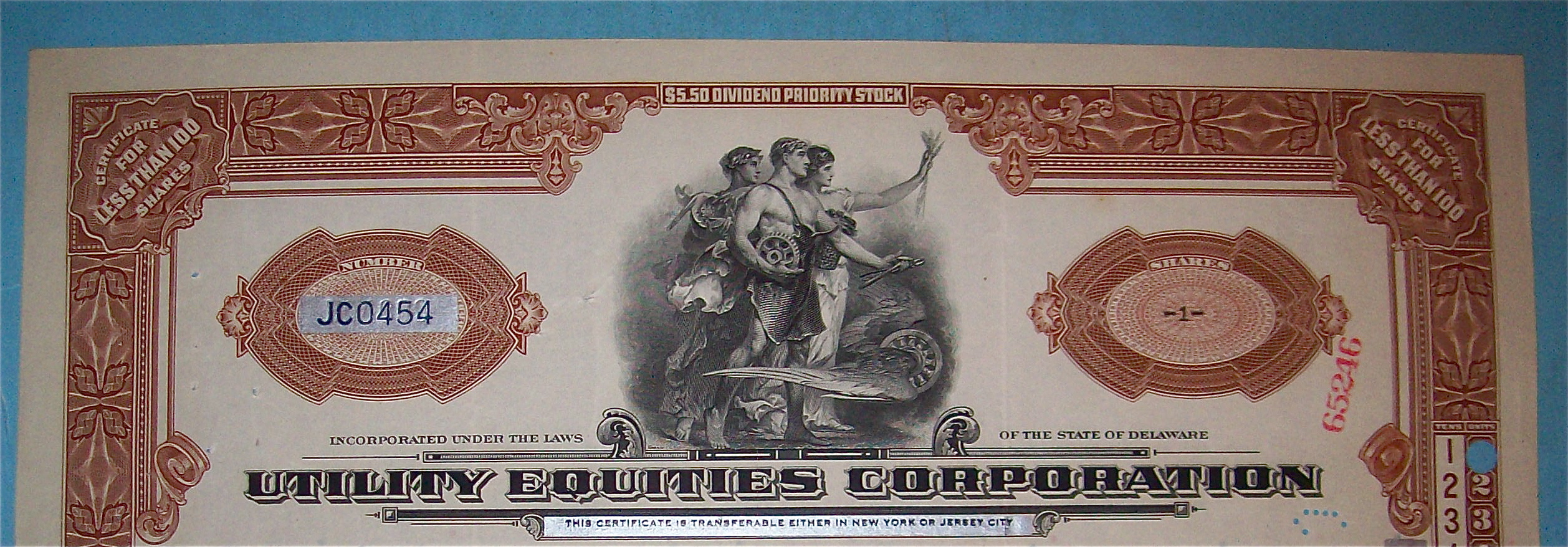 1941 Utility Equities Corporation Stock Certificate