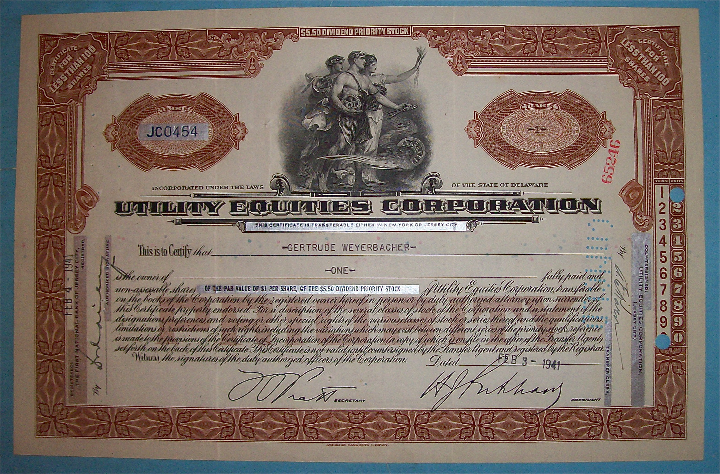 1941 Utility Equities Corporation Stock Certificate