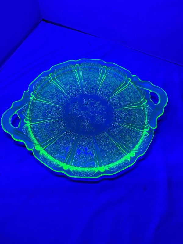 Jeanette Glass Uranium Green Cherry Blossom Cake Plate with Handles 12 1/2"